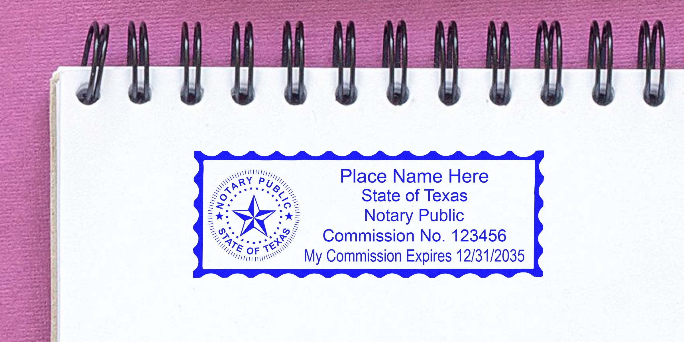 Texas notary public stamp with commission number and expiration date on a white spiral notebook, displaying Texas notary stamps and seal options.