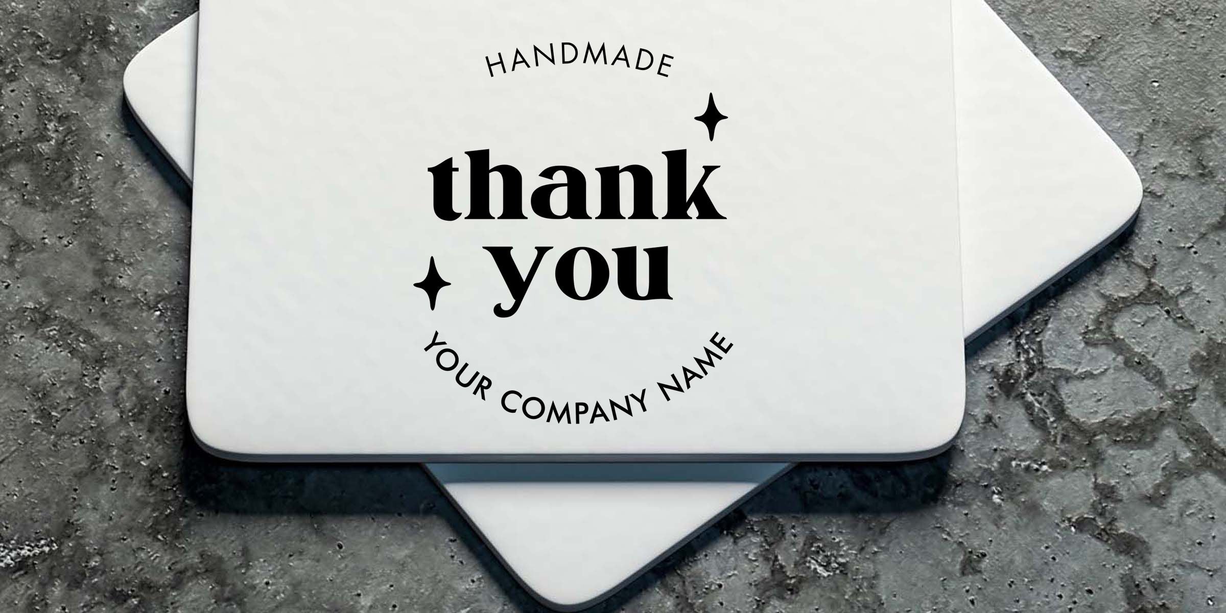 Handmade thank you card mockup with custom branding text on a white rounded square card against a textured gray background