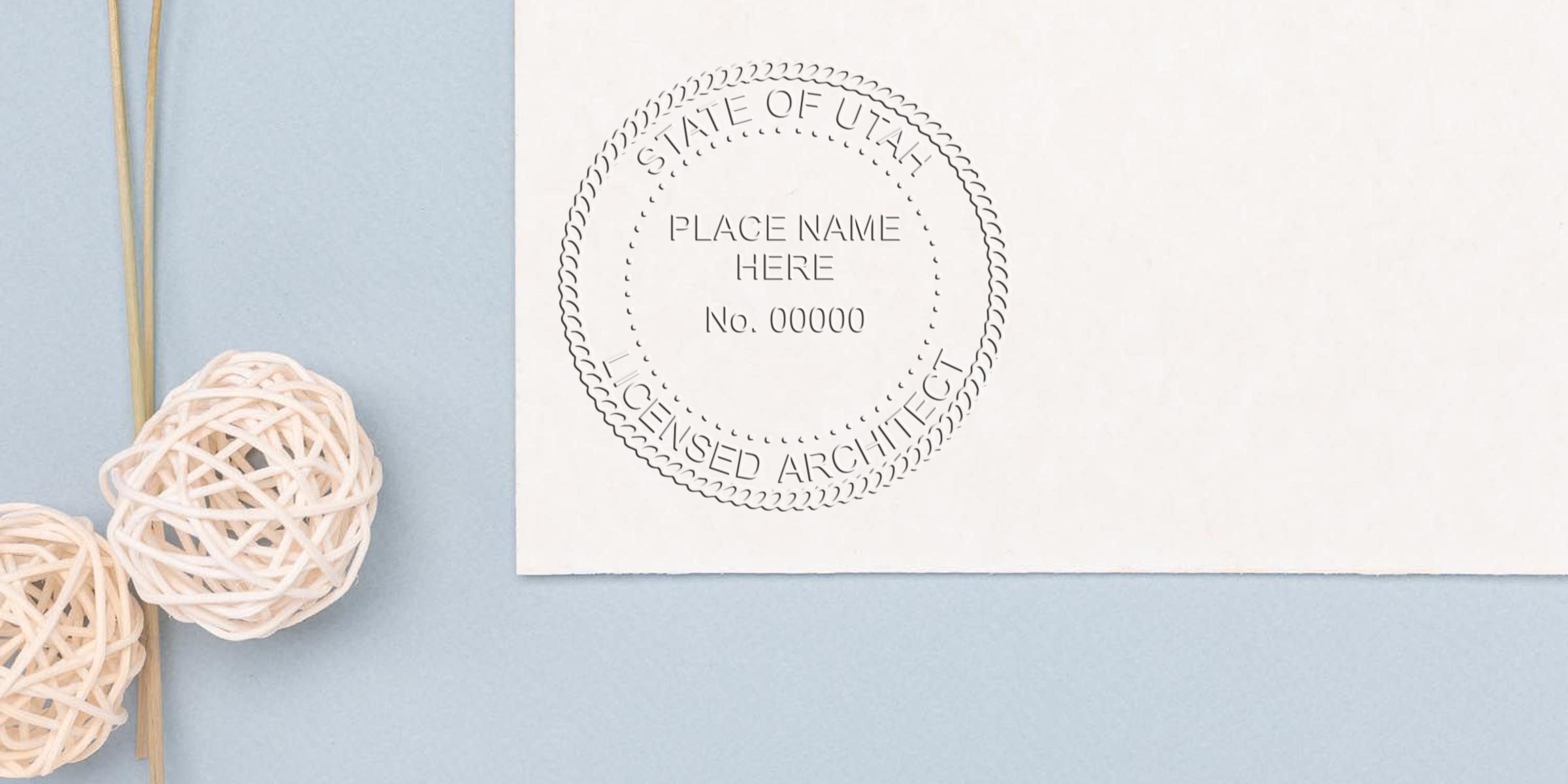 Utah licensed architect embossed seal on white paper with decorative wicker balls on blue background, showing Architect Stamp Utah and Online Architect Stamps.