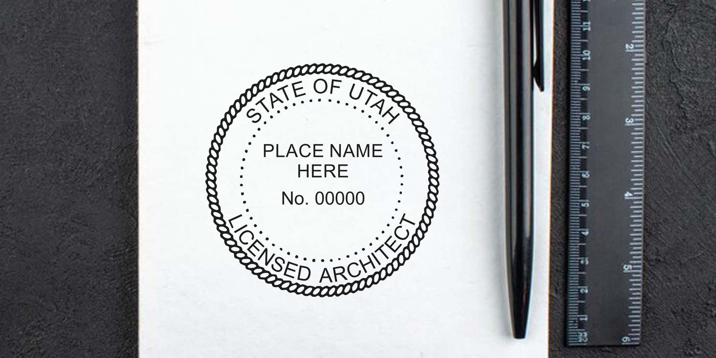 Utah licensed architect seal stamped on white paper with black pen and ruler, highlighting custom architect stamps and Utah architect seals.