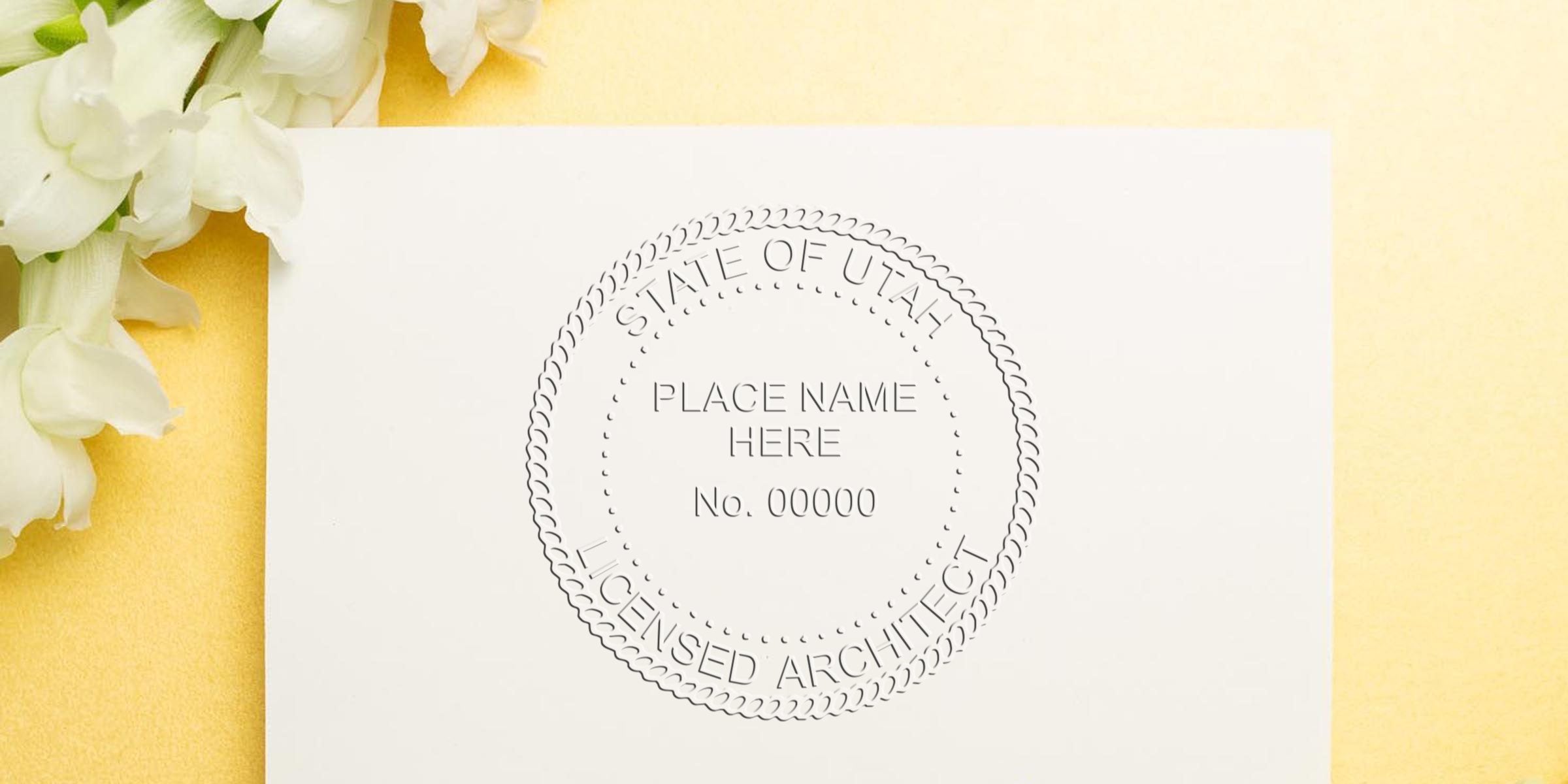 Embossed Utah architect seal on white paper with white flowers on yellow background, showing Utah architect seal rules and practice.