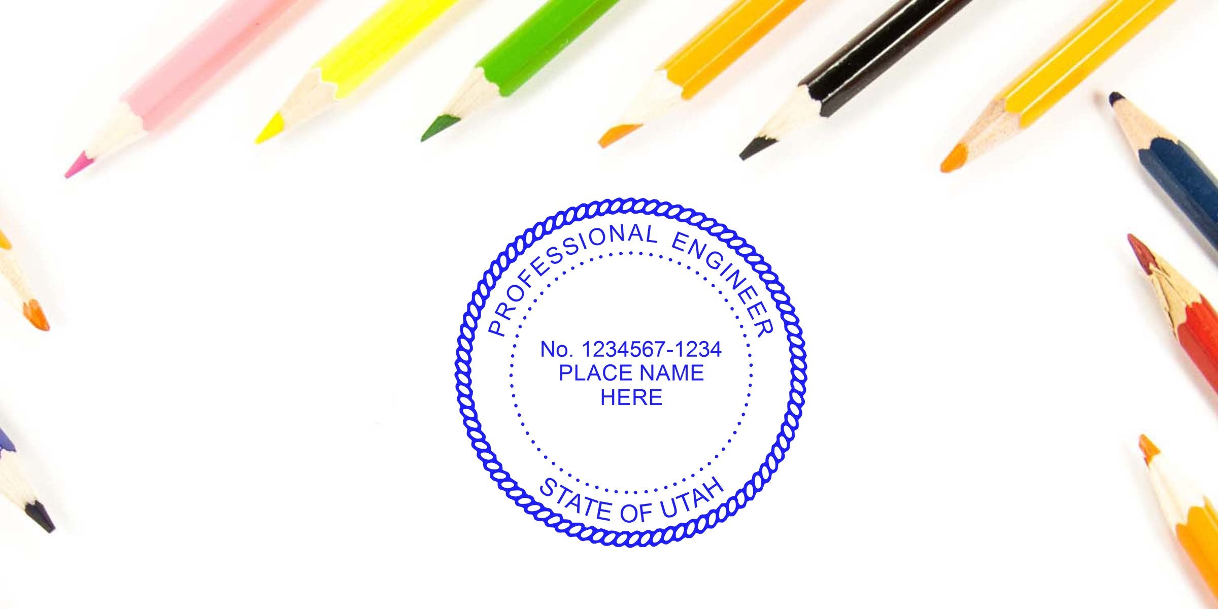Custom engineer stamps Utah with vibrant pencils and a professional Utah engineer stamp maker on a white background.