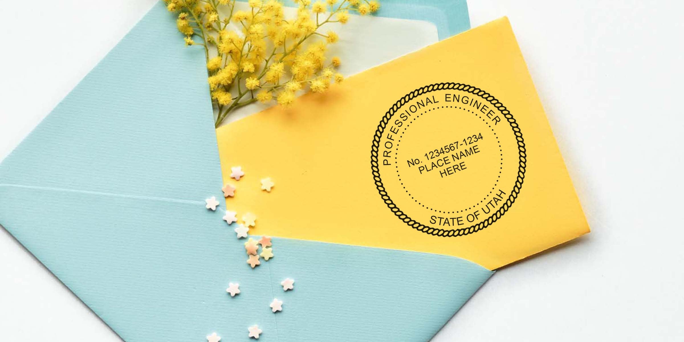 Utah engineer seal stamped on yellow envelope, paired with blue envelope and decorative flowers, adhering to design guidelines.