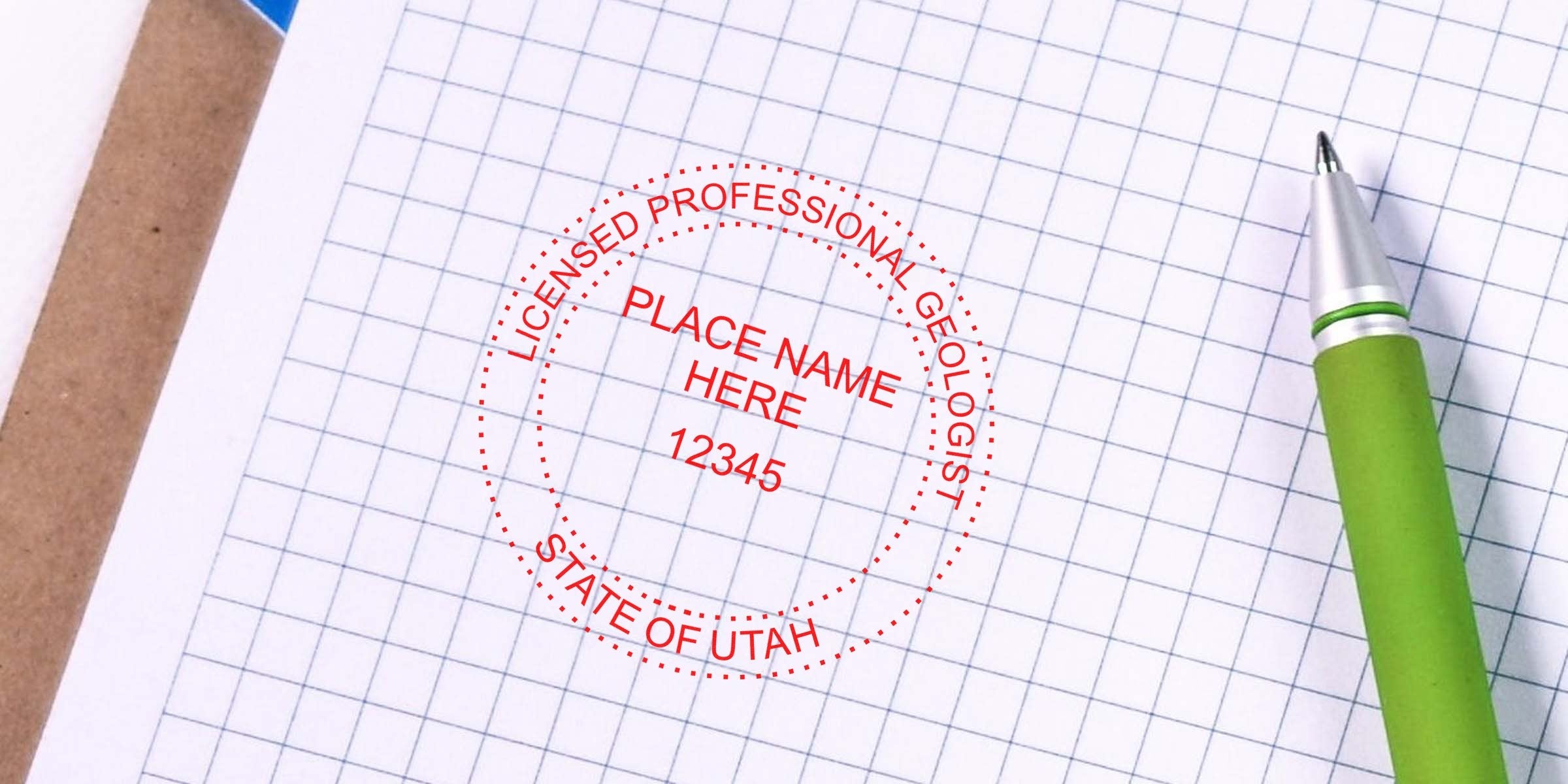 Utah geologist stamp on graph paper with green pen, showing licensed professional geologist certification seal, adhering to geologist stamp guidelines.