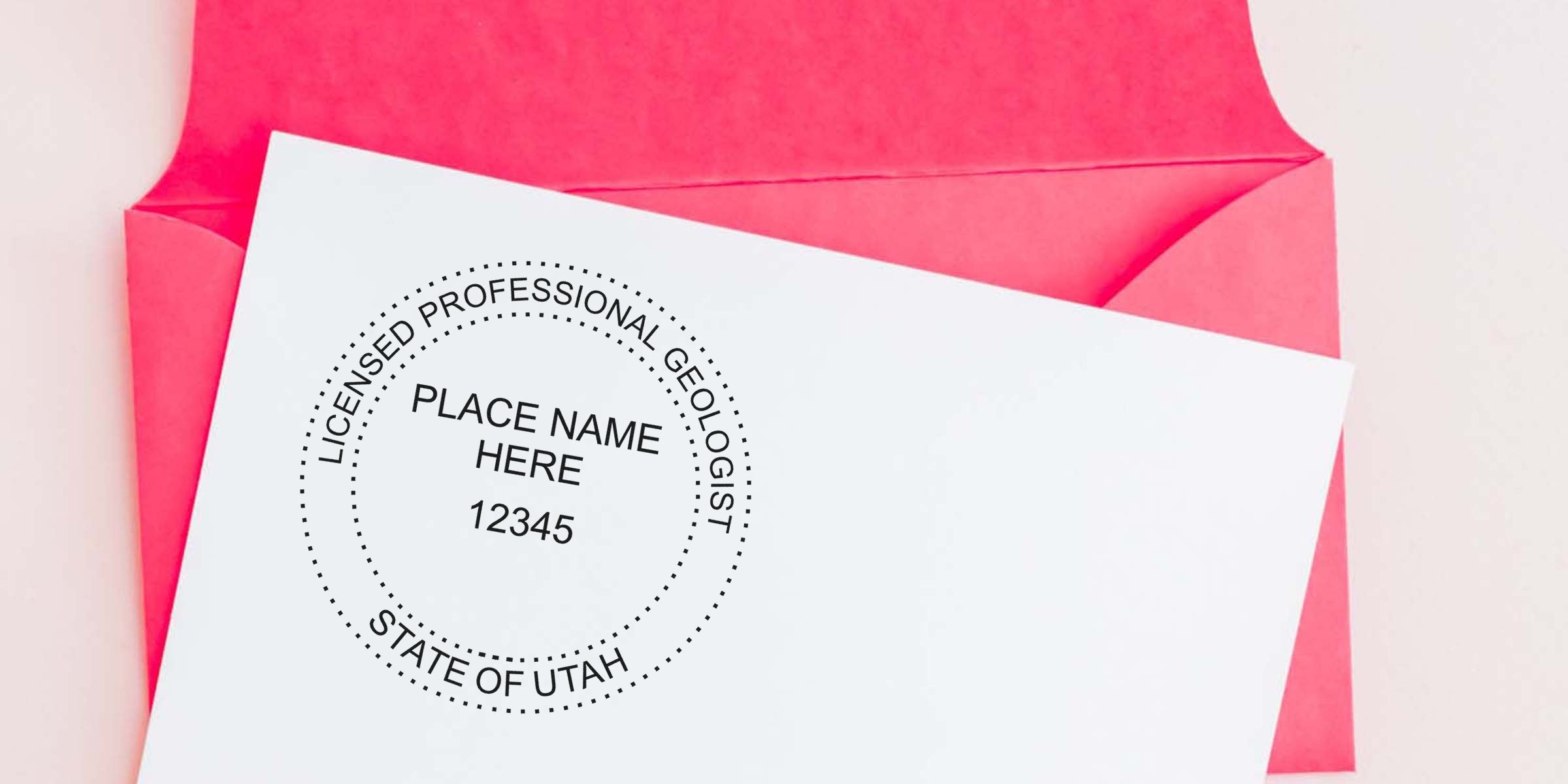Licensed professional geologist stamp with Utah geologist seal and design on white paper, accompanied by a red envelope.