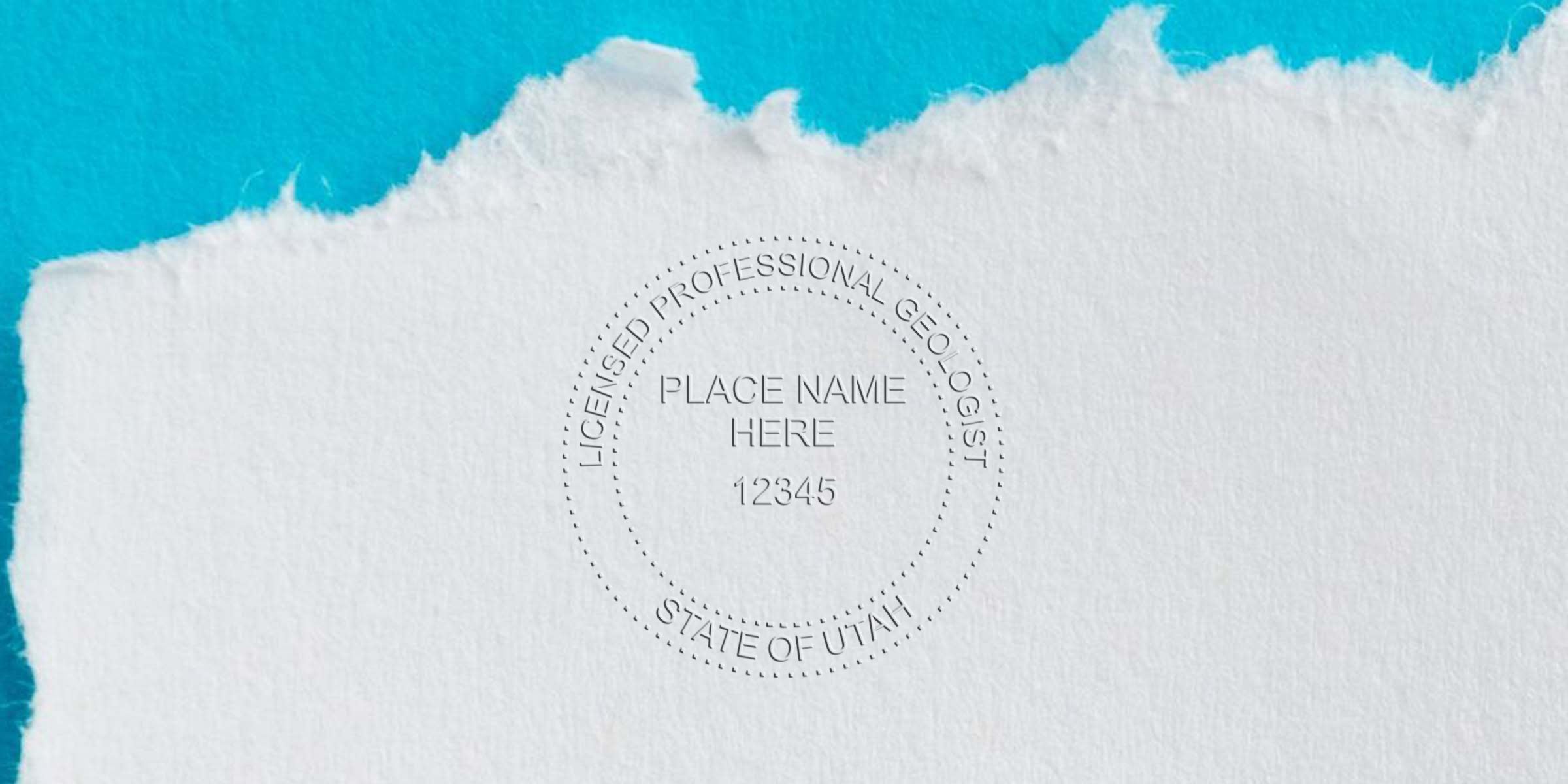 Embossed licensed professional geologist seal on white paper with blue background, showing Utah geologist stamp and official certification mark; includes stamp size details.