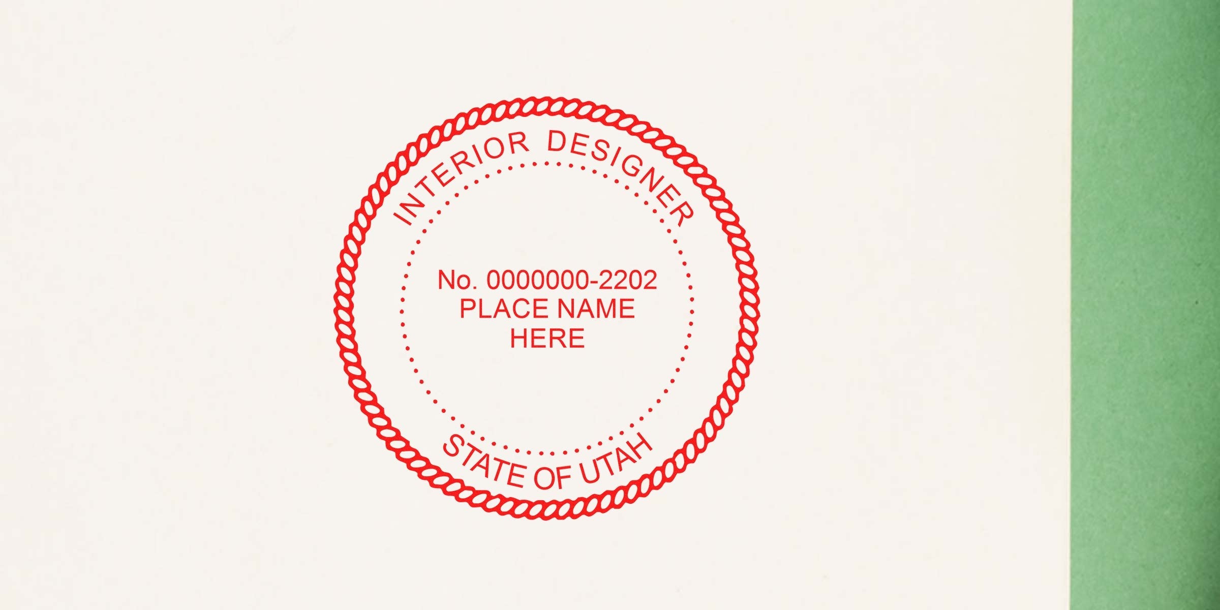 Red Utah interior designer certification seal on white paper, displaying stamp size options for official use.
