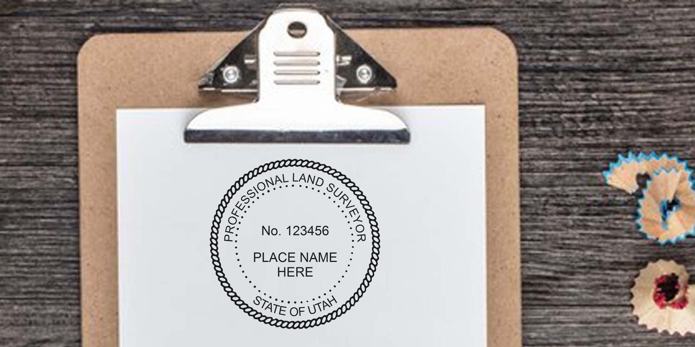 Utah land surveyor stamp on clipboard with pencil shavings, surveying tools, and certification, showing the land surveyor review process.
