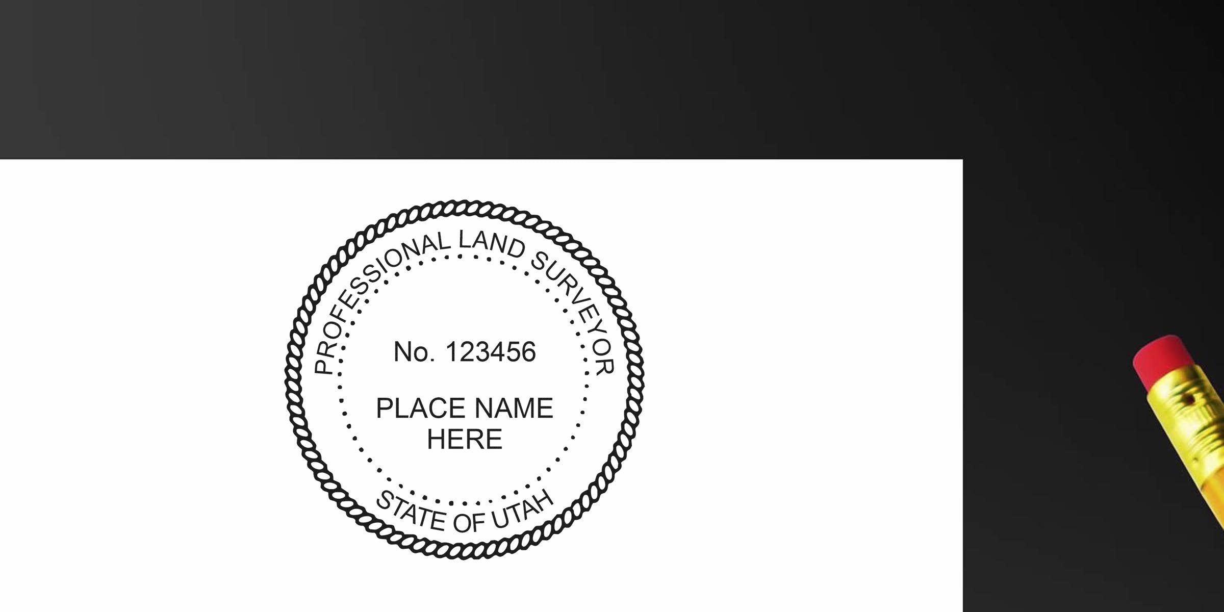 Professional Utah land surveyor stamp with certification seal and pencil on black background, designed per land surveyor stamp guidelines.