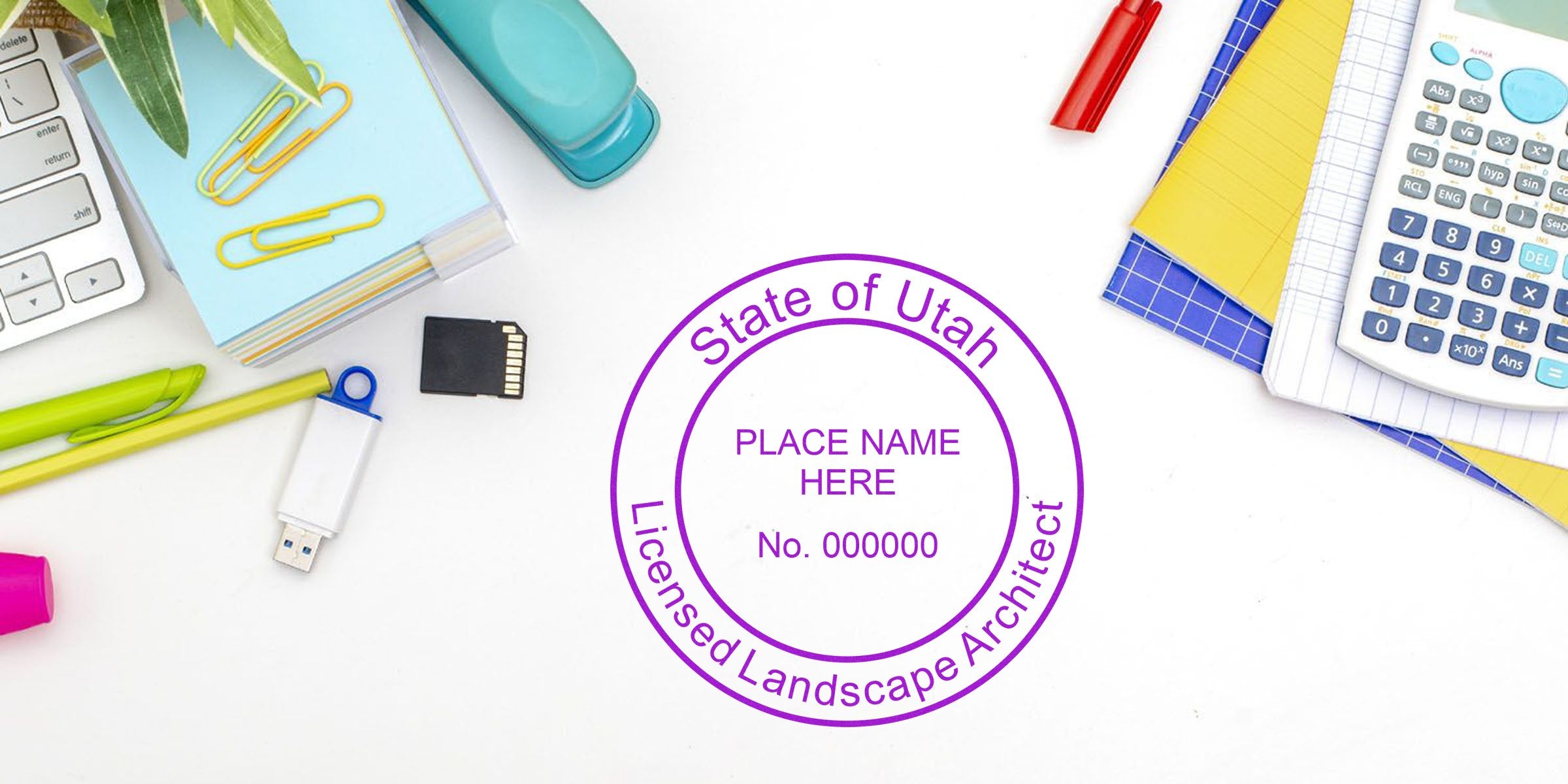 Utah landscape architect seal stamp with office supplies, calculator, and checklist on a white desk.
