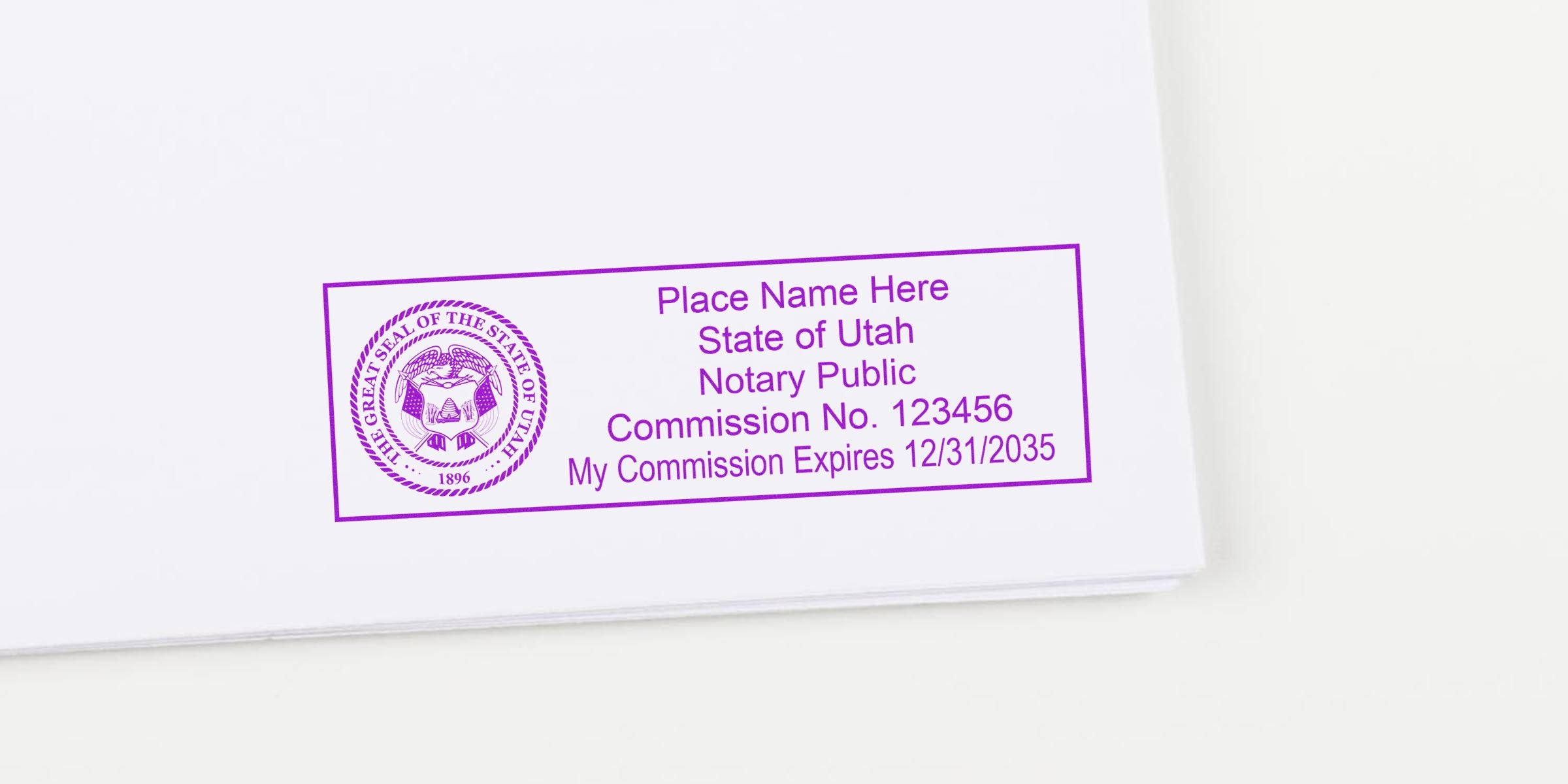 Utah notary stamp on white paper with commission number and expiration date, perfect for anyone needing to buy a Utah notary stamp.