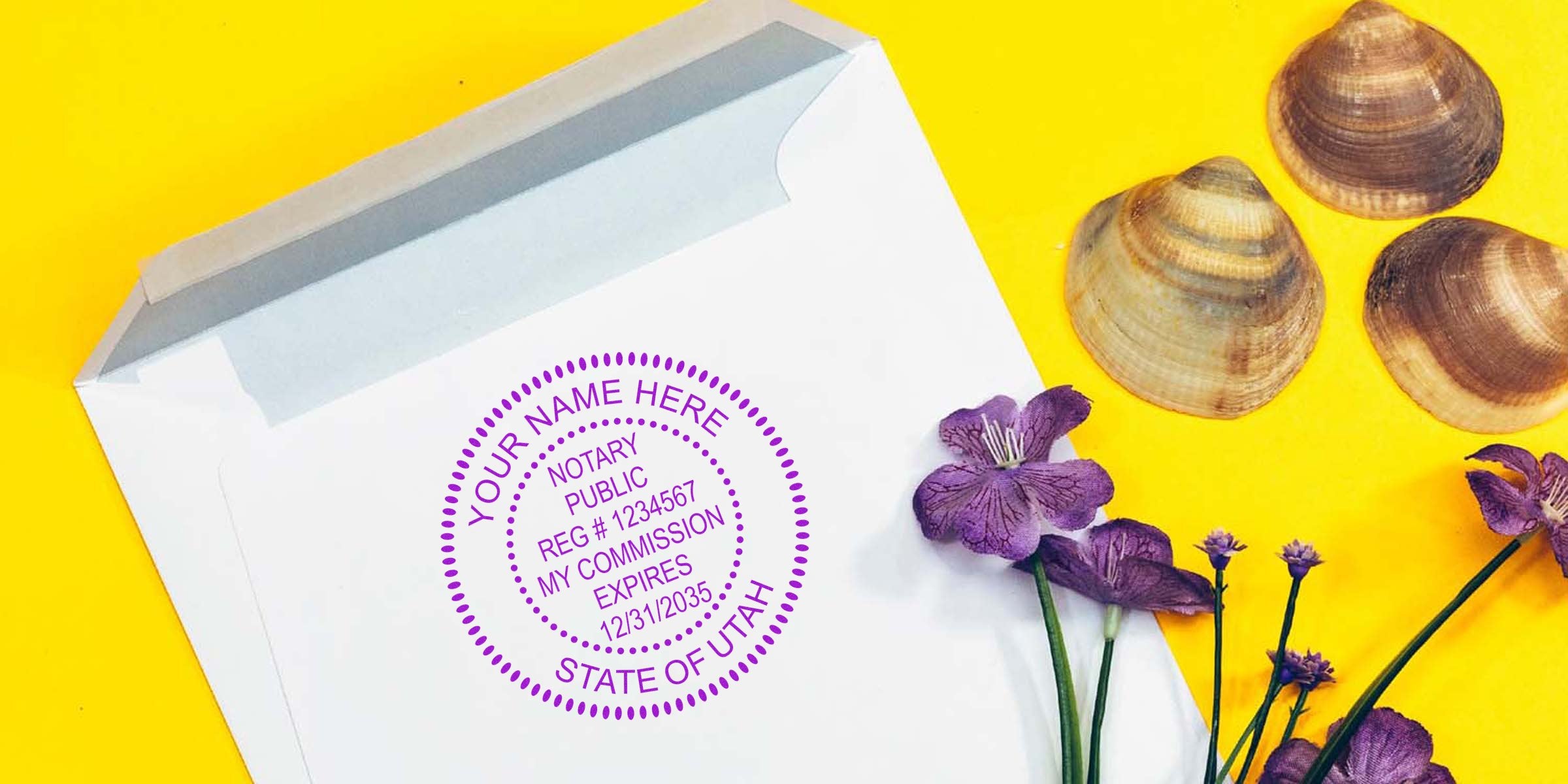 White envelope with Utah notary public seal, surrounded by purple flowers and seashells on yellow background, highlighting key Utah notary supplies and tools.