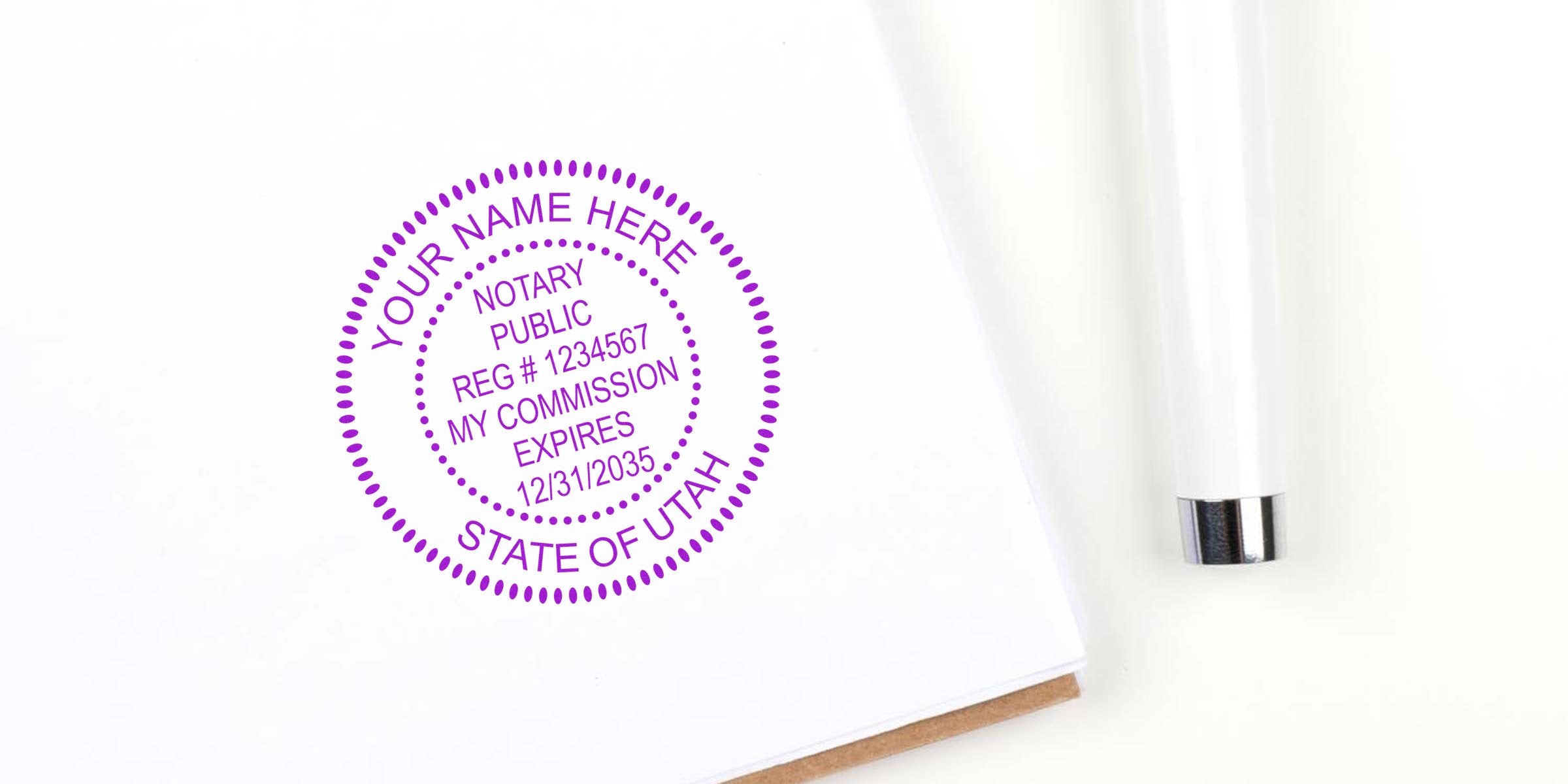 Utah notary stamp in purple ink on white paper, using a white pen, with a self-inking stamp and official Utah notary public seal.