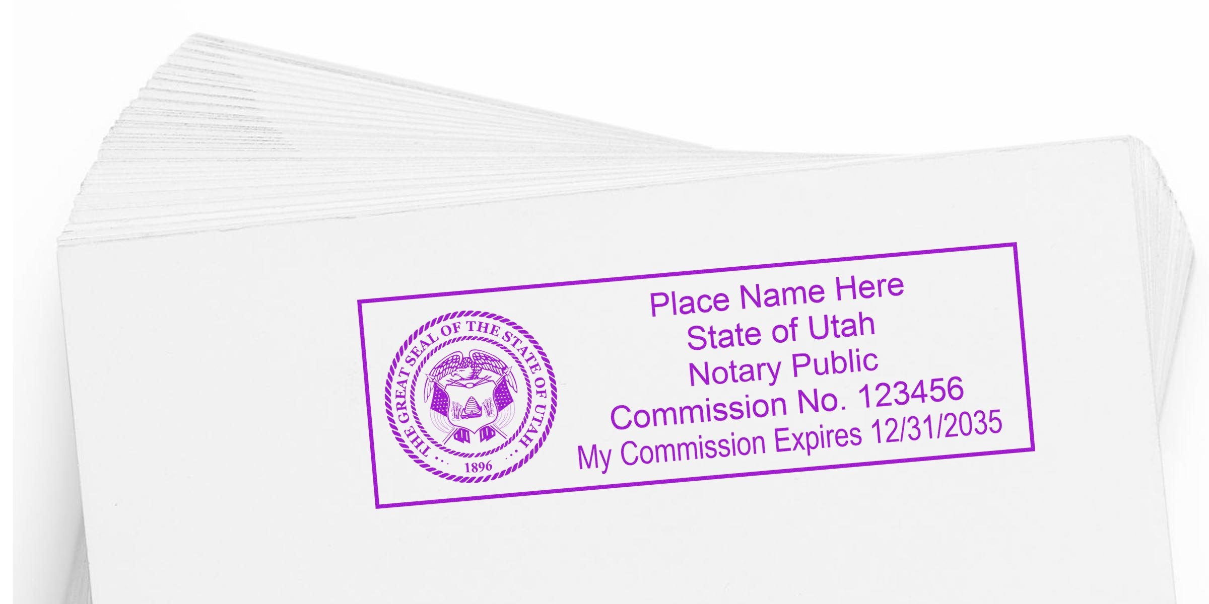 Utah notary seal with notary public stamp, commission number, and expiration date on white paper, shown in a notary stamp guide.