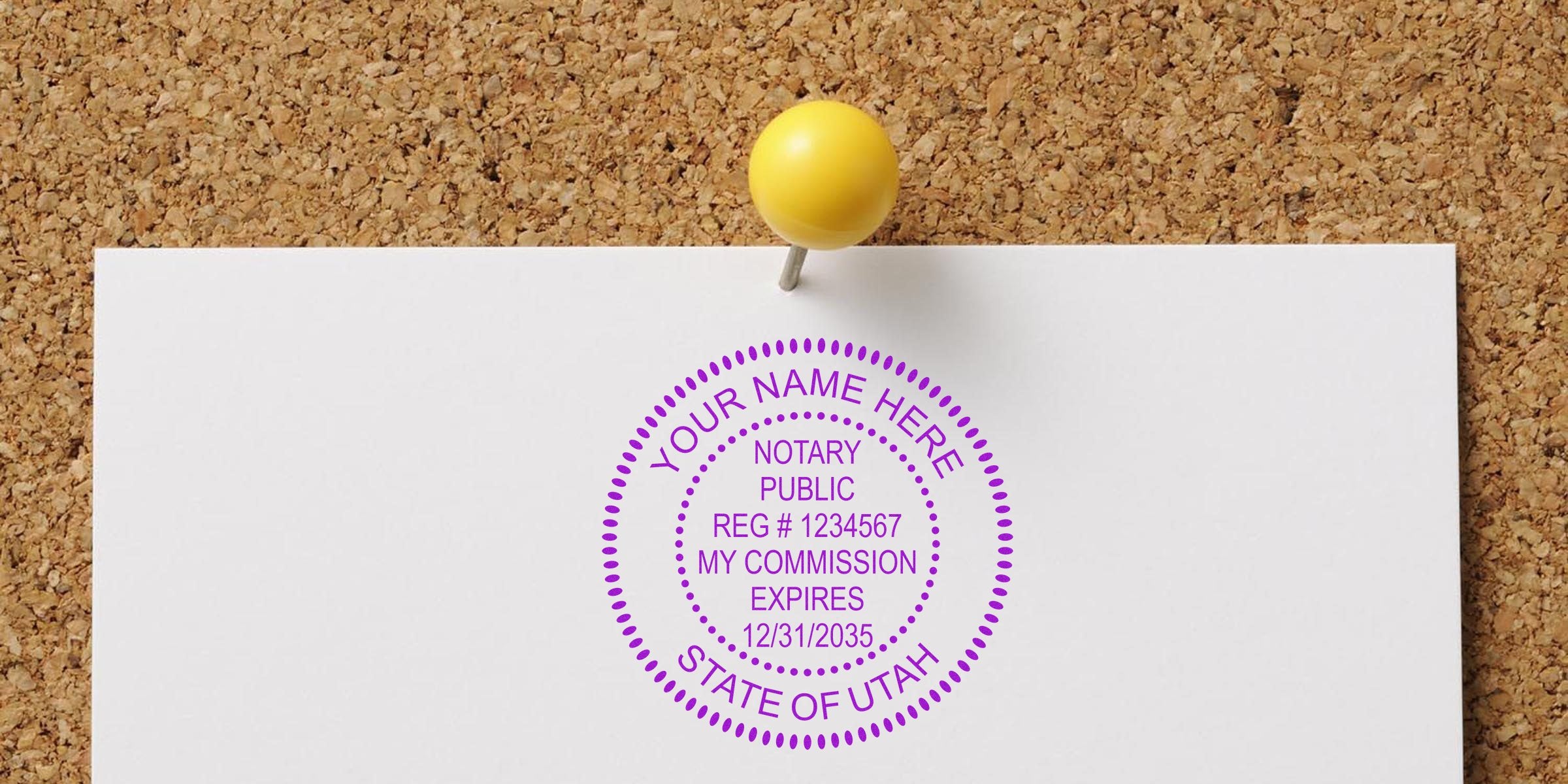 Utah notary public stamp with commission expiration date pinned on corkboard, showing Utah notary stamp law and ensuring compliance.