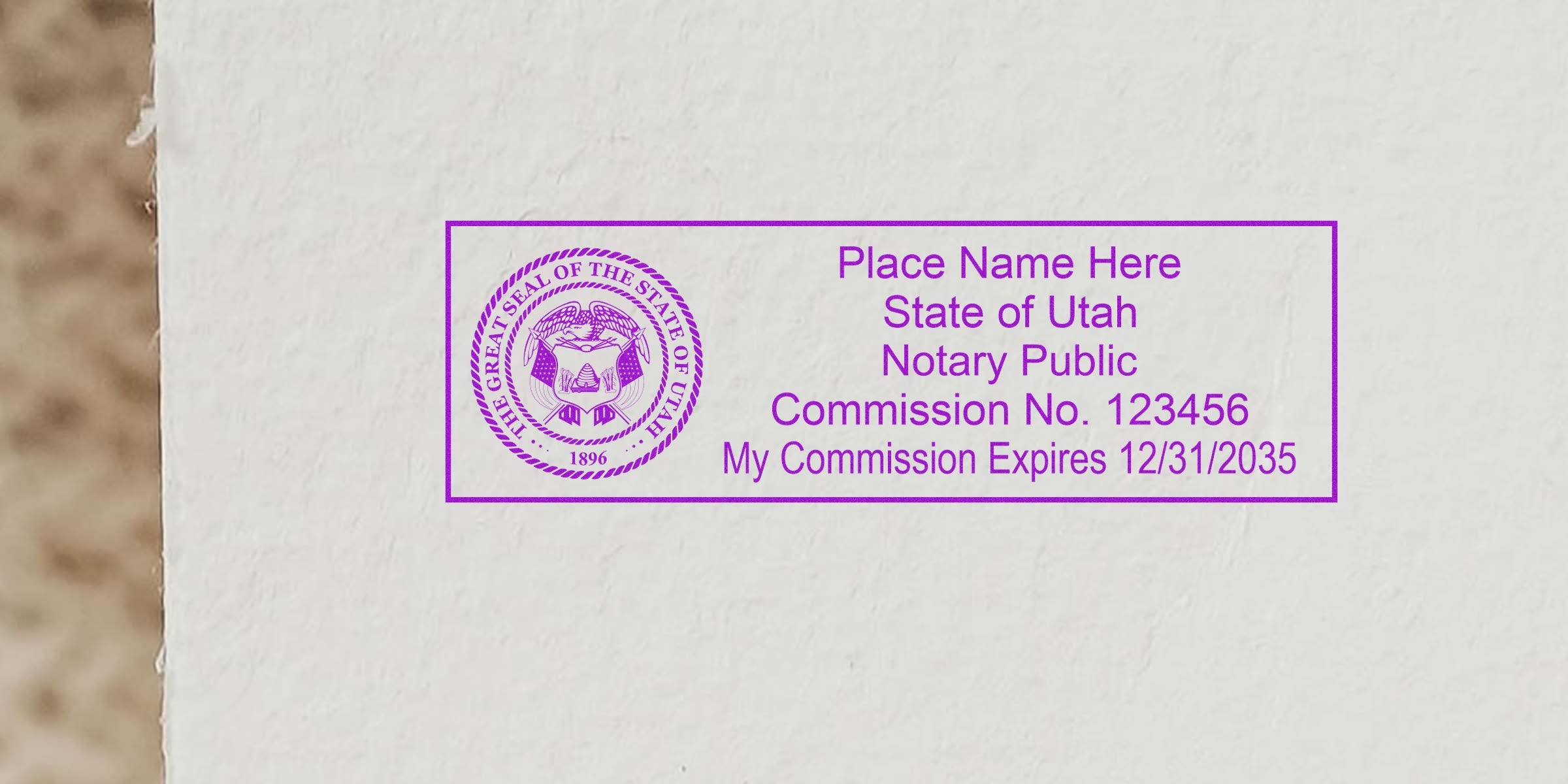 Utah notary seal stamp with commission number and expiration date on white paper, perfect for buying notary supplies.
