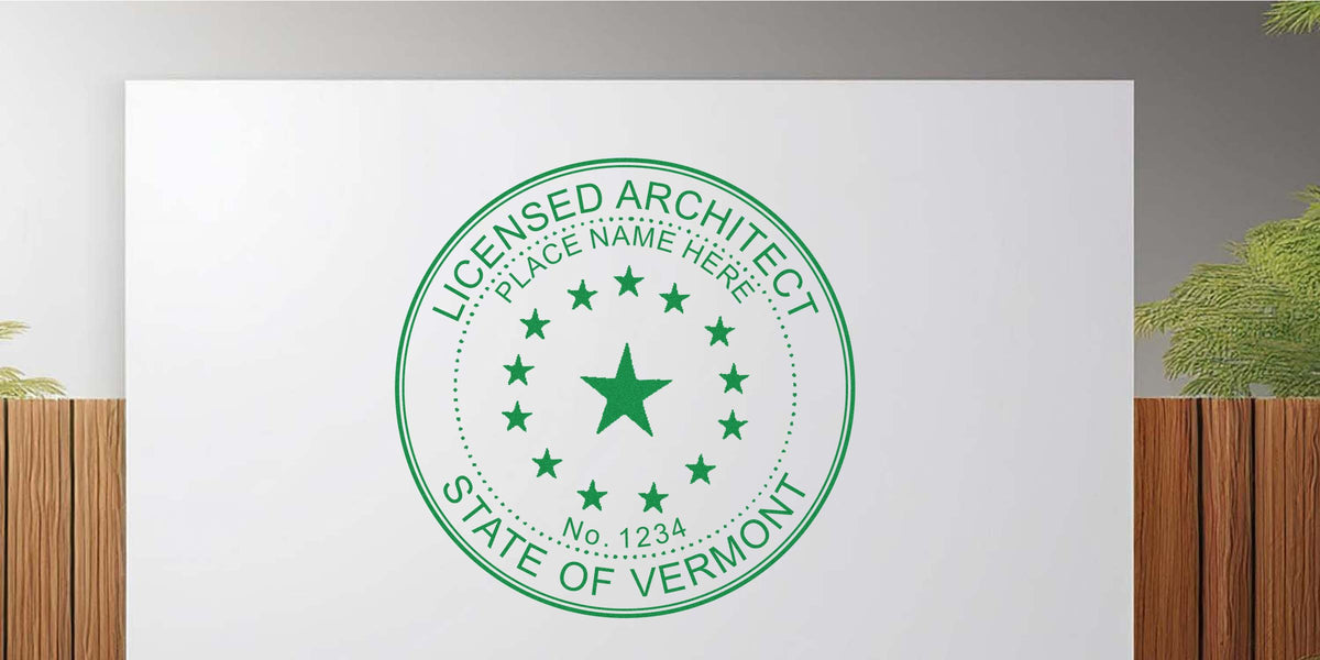 Vermont architect stamp with official license seal, state certification badge, and professional license mark; includes details on ordering the architect stamp.
