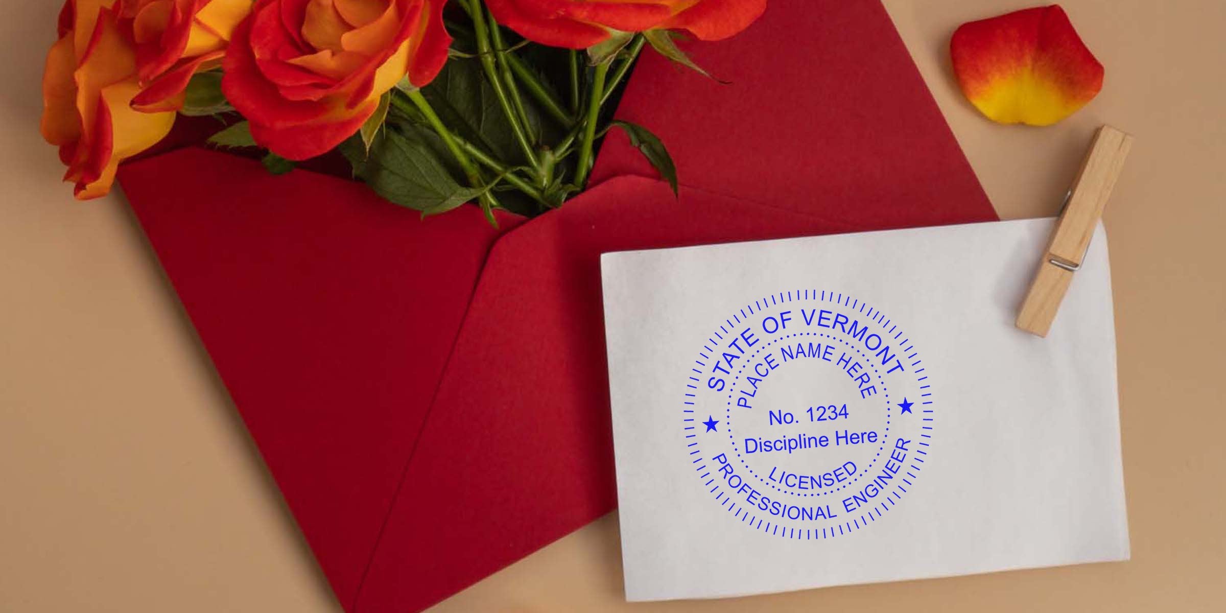 Red envelope with orange roses and white paper showing a Vermont engineer stamp, representing work approval.