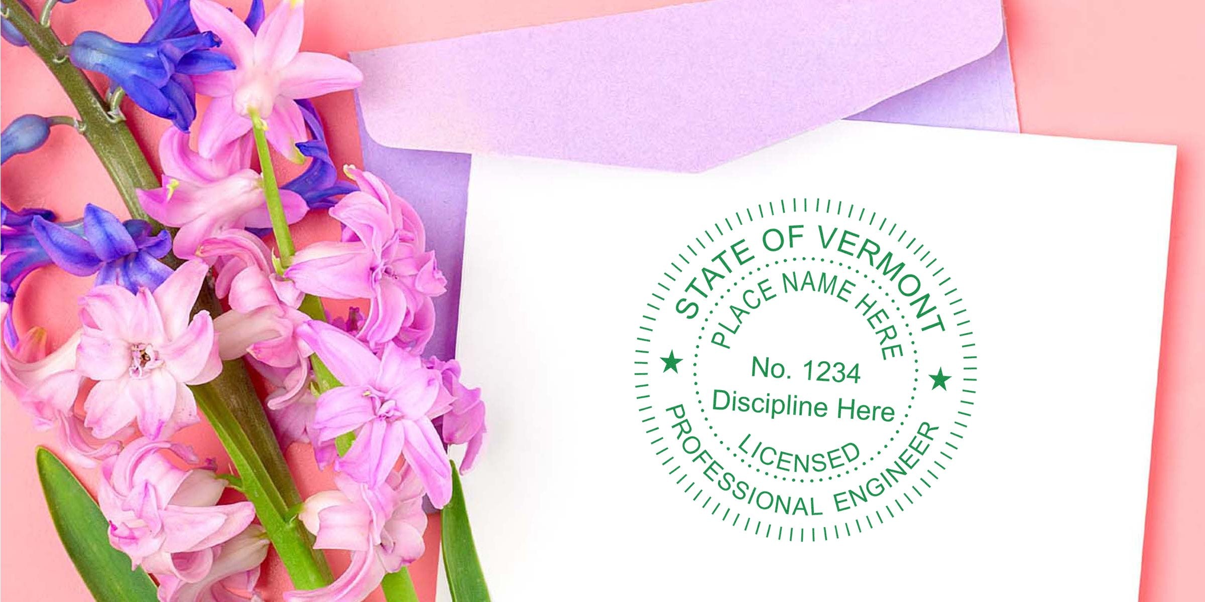 State of Vermont licensed professional engineer seal on white paper with pink and purple flowers and an envelope, displaying the Vermont engineer seal design.