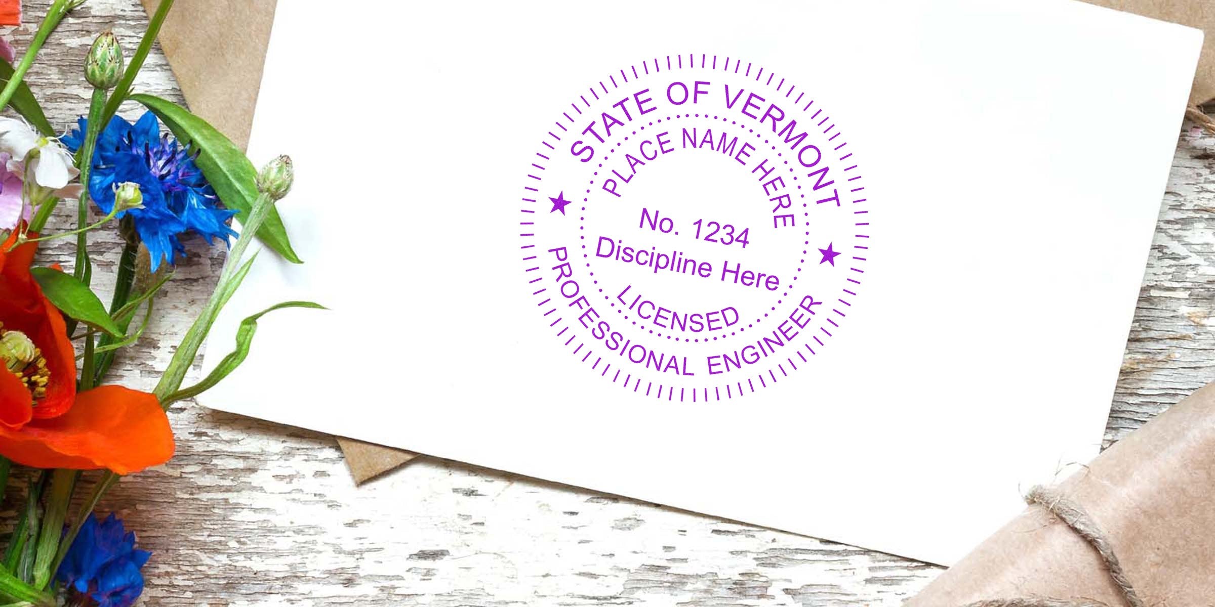 Vermont PE Seal on white paper with colorful flowers and rustic wood background, perfect for purchasing a professional engineer seal in Vermont.