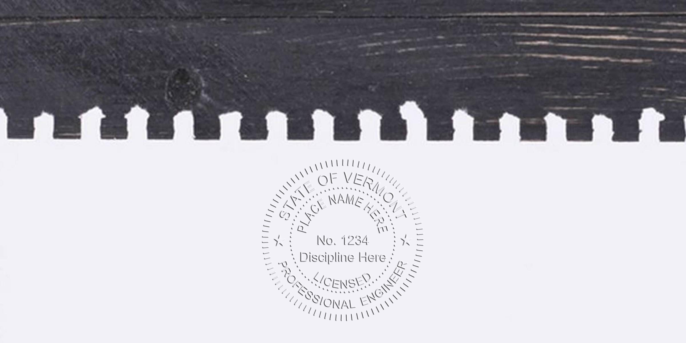 Vermont PE stamp embossed on white paper with black wood background, symbolizing Vermont licensed professional engineer and online PE license renewal.