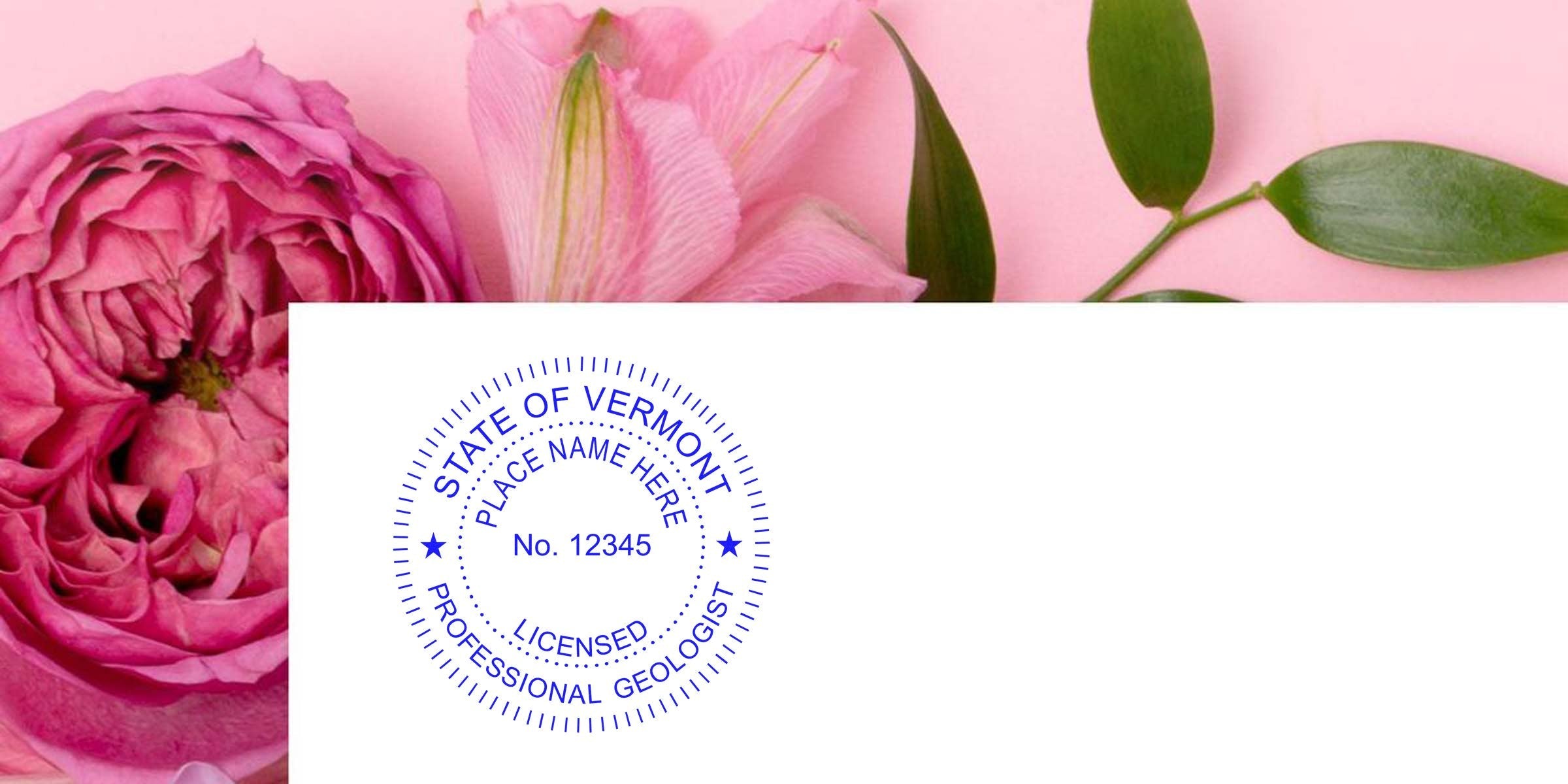 Pink flowers with green leaves background featuring the blue Vermont licensed professional geologist stamp, highlighting Vermont geologist stamp regulations and requirements.