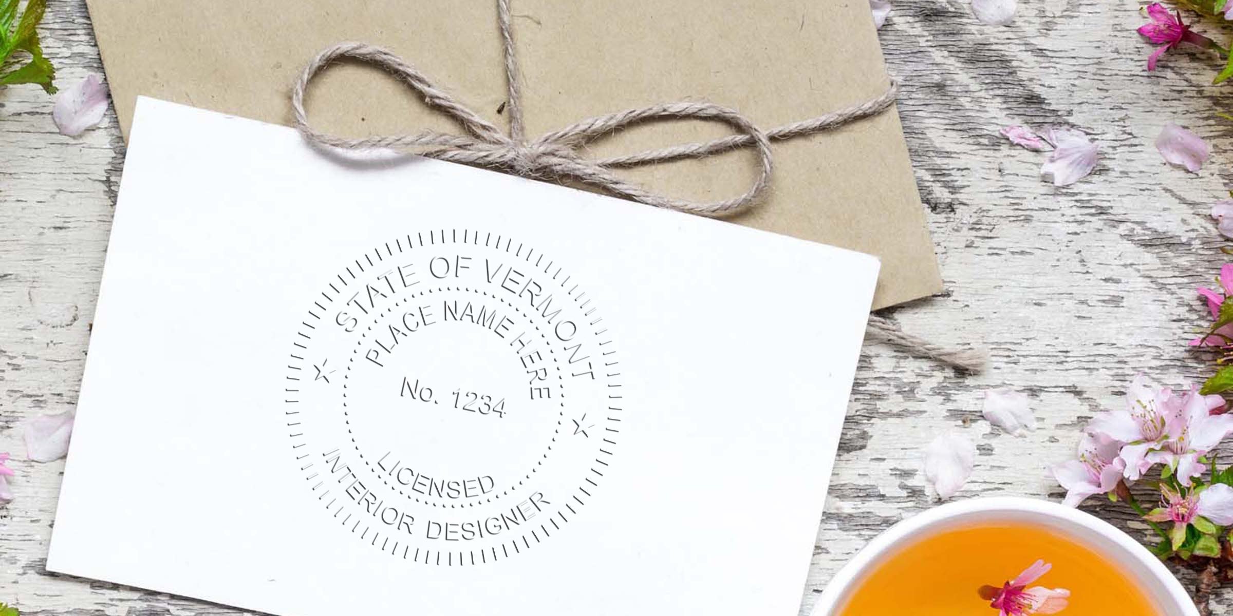 Licensed interior designer stamp with Vermont Seal Embosser on white card, rustic envelope, and floral tea setting, highlighting custom embossing tools.