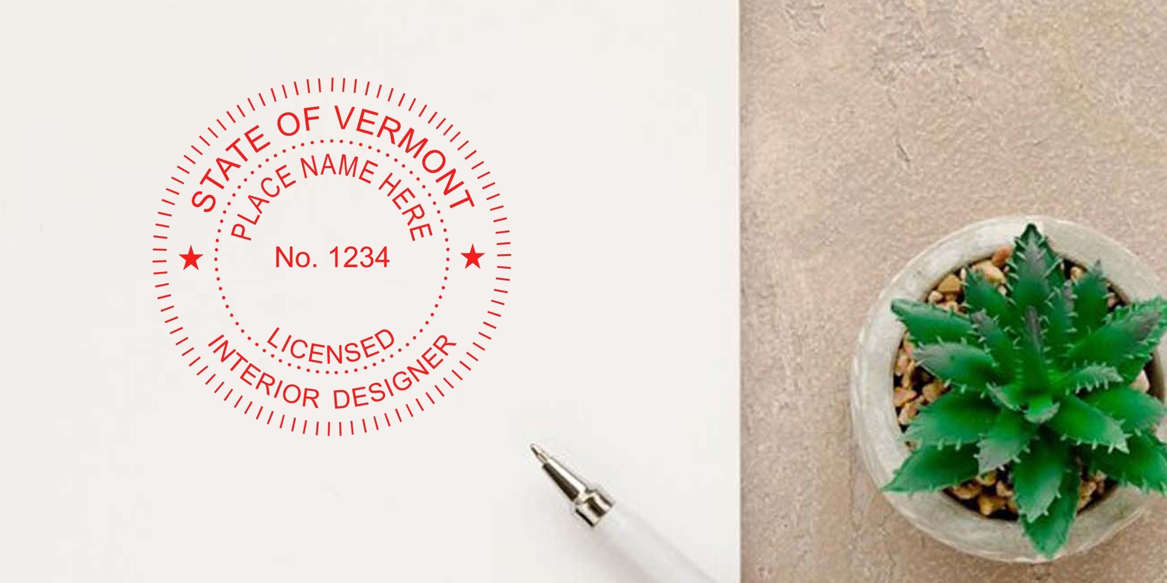 Vermont interior designer stamp on paper with pen and succulent, symbolizing Vermont interior design licensing.