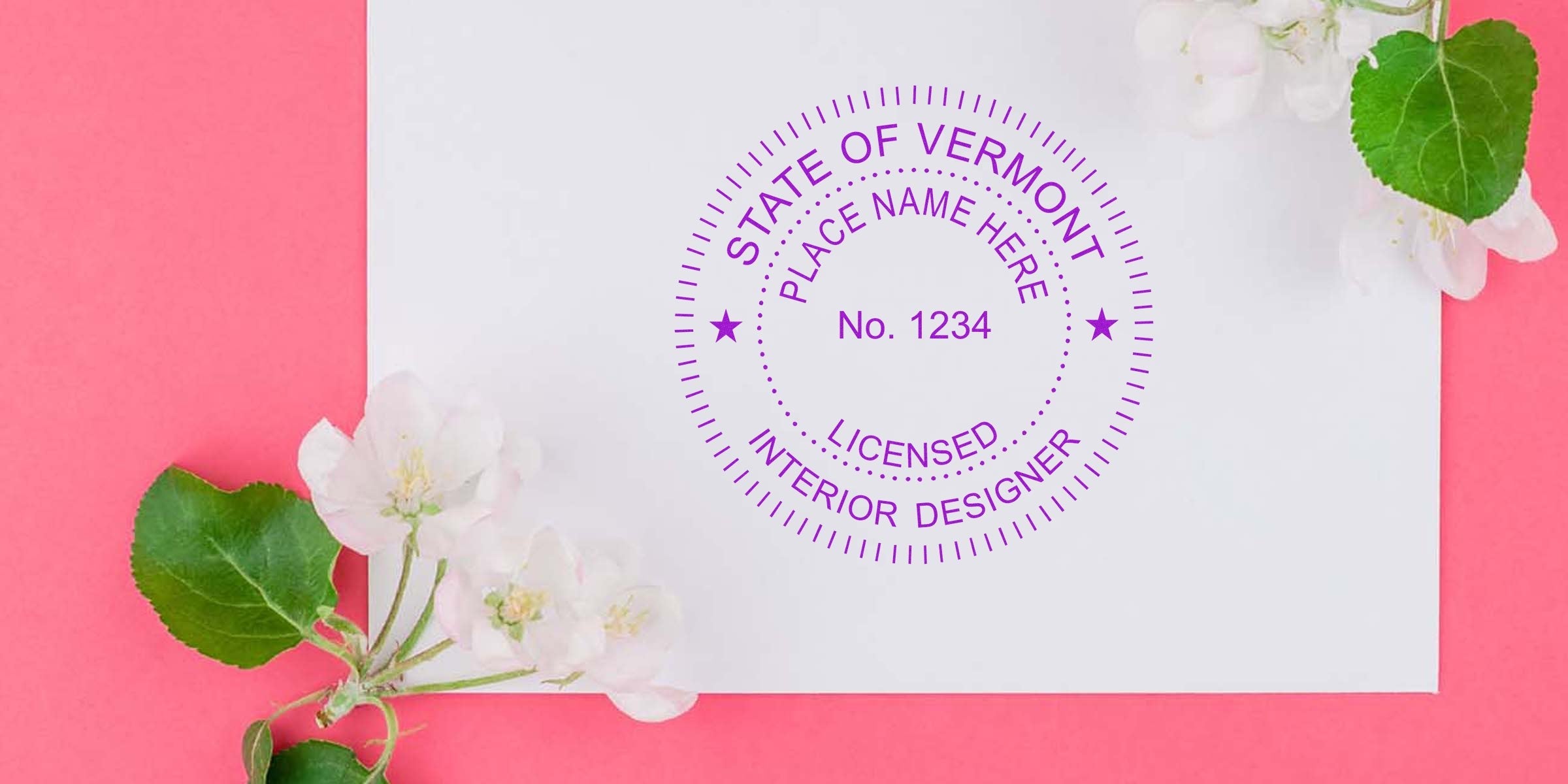 Vermont interior designer's licensed stamp on white envelope with flowers, set against a pink background, seal template design.