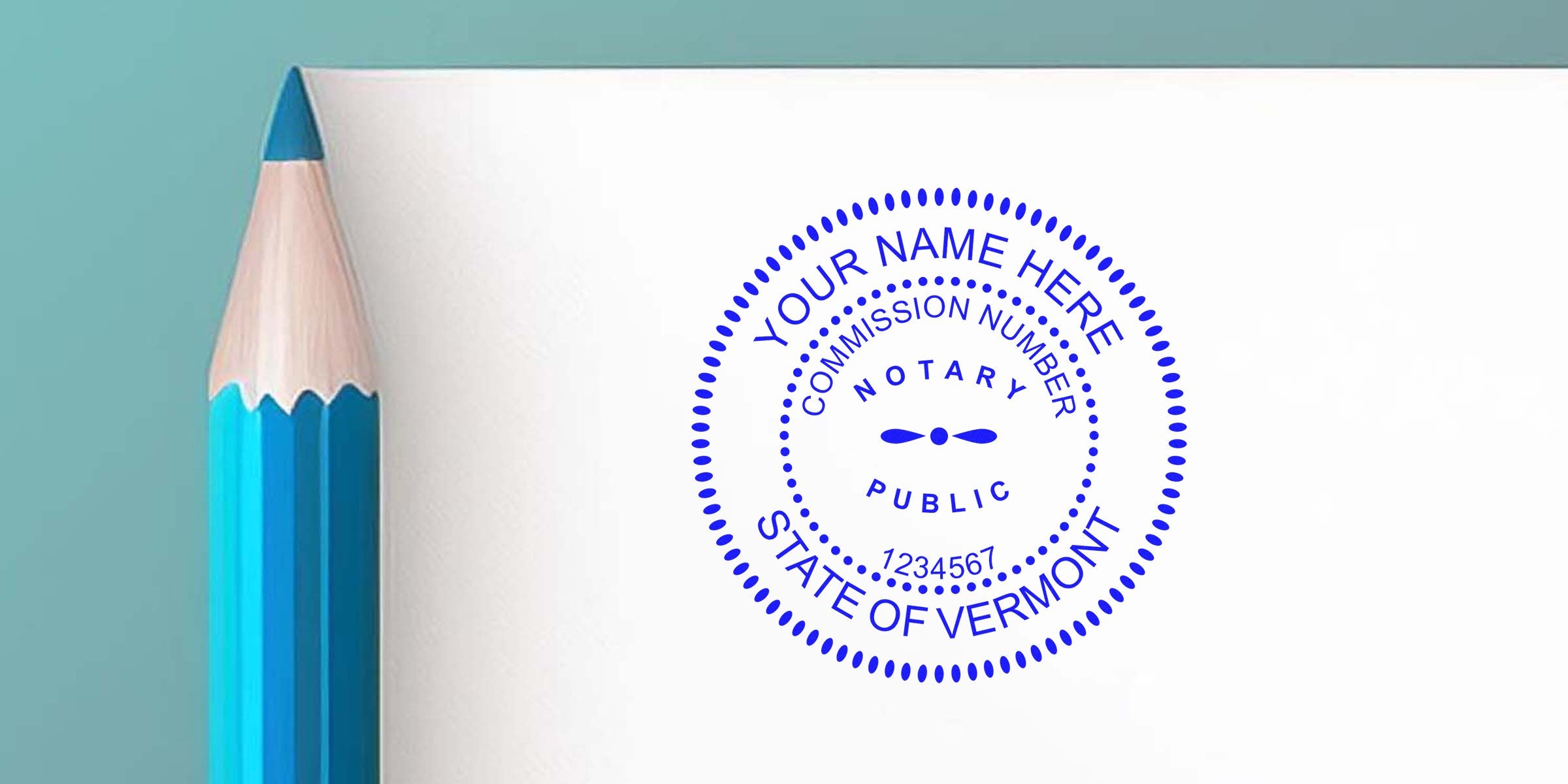 Custom Vermont notary stamp with blue pencil on white paper, perfect for official documents, featuring VT Notary Supplies.