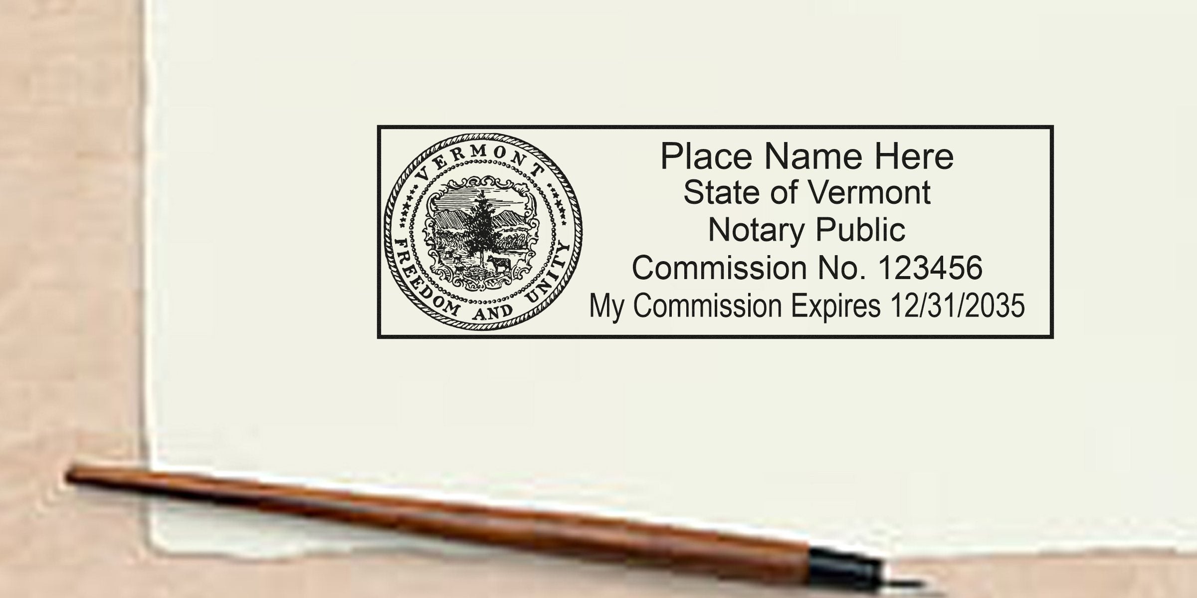 Vermont notary public stamp with commission number and expiration date on official document, accompanied by pen and essential notary supplies.