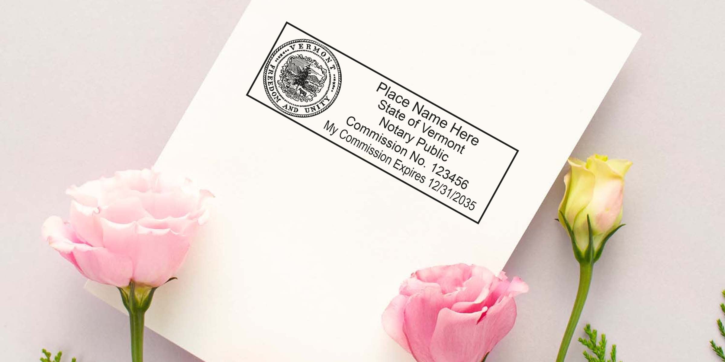 VT notary seal on white paper with pink and yellow flowers, showing a durable stamp and official commission info.