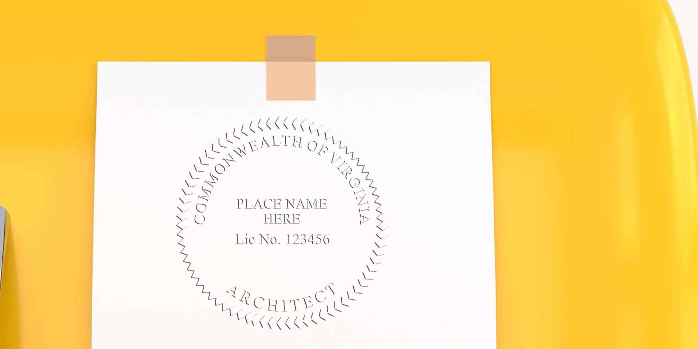 Virginia architectural stamps with an architect license seal on white paper, set against a yellow background, displaying architectural seal designs.