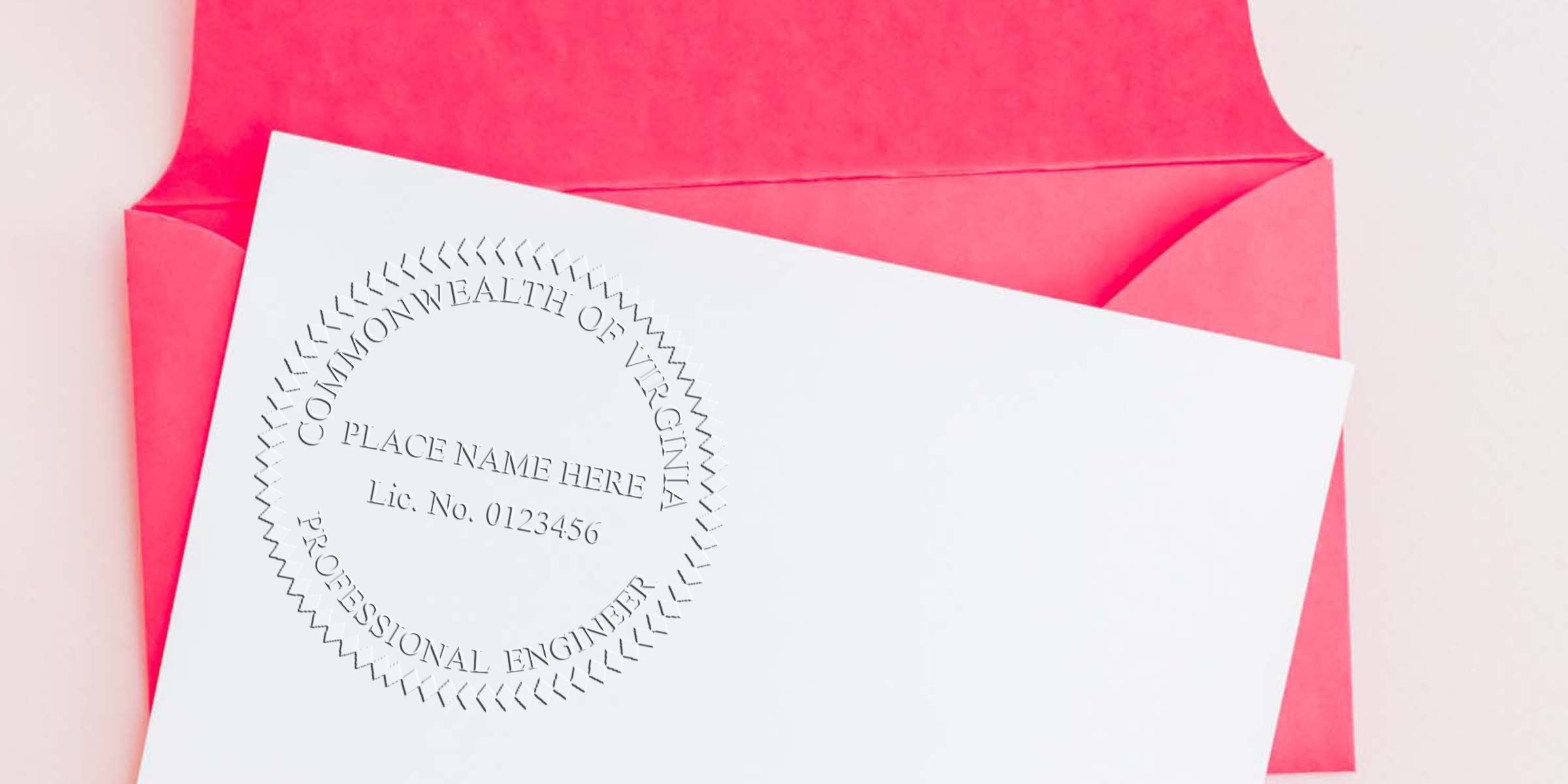 Virginia professional engineer seal on white paper with pink envelope, highlighting Virginia Engineer Stamp cost and pricing.