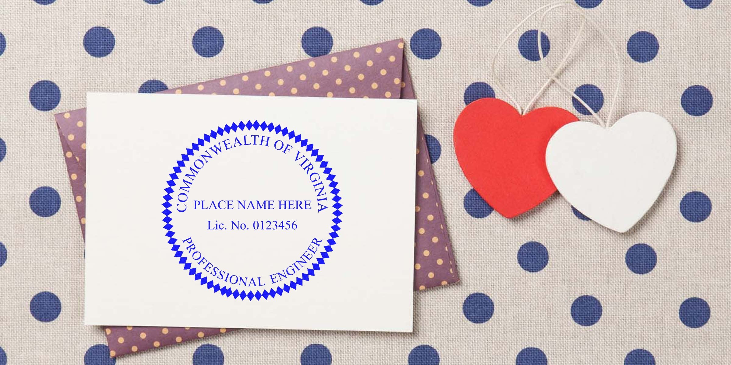 Virginia professional engineer stamp on white card with purple envelope and red-white heart decorations on polka dot fabric, showing Virginia engineer stamp size tips.