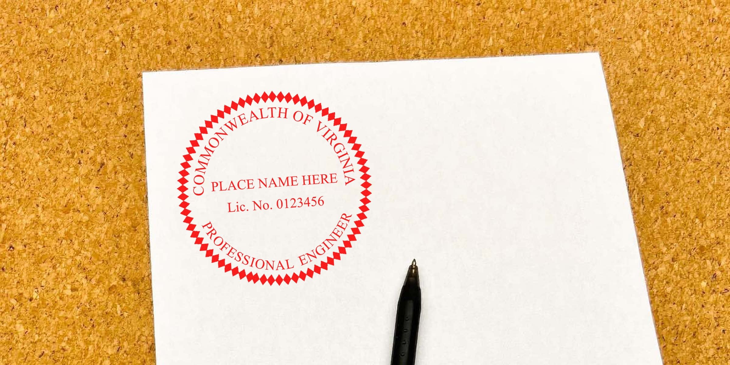 Professional Engineer Stamp Virginia on white paper with PE Stamp Virginia and pen on corkboard background.