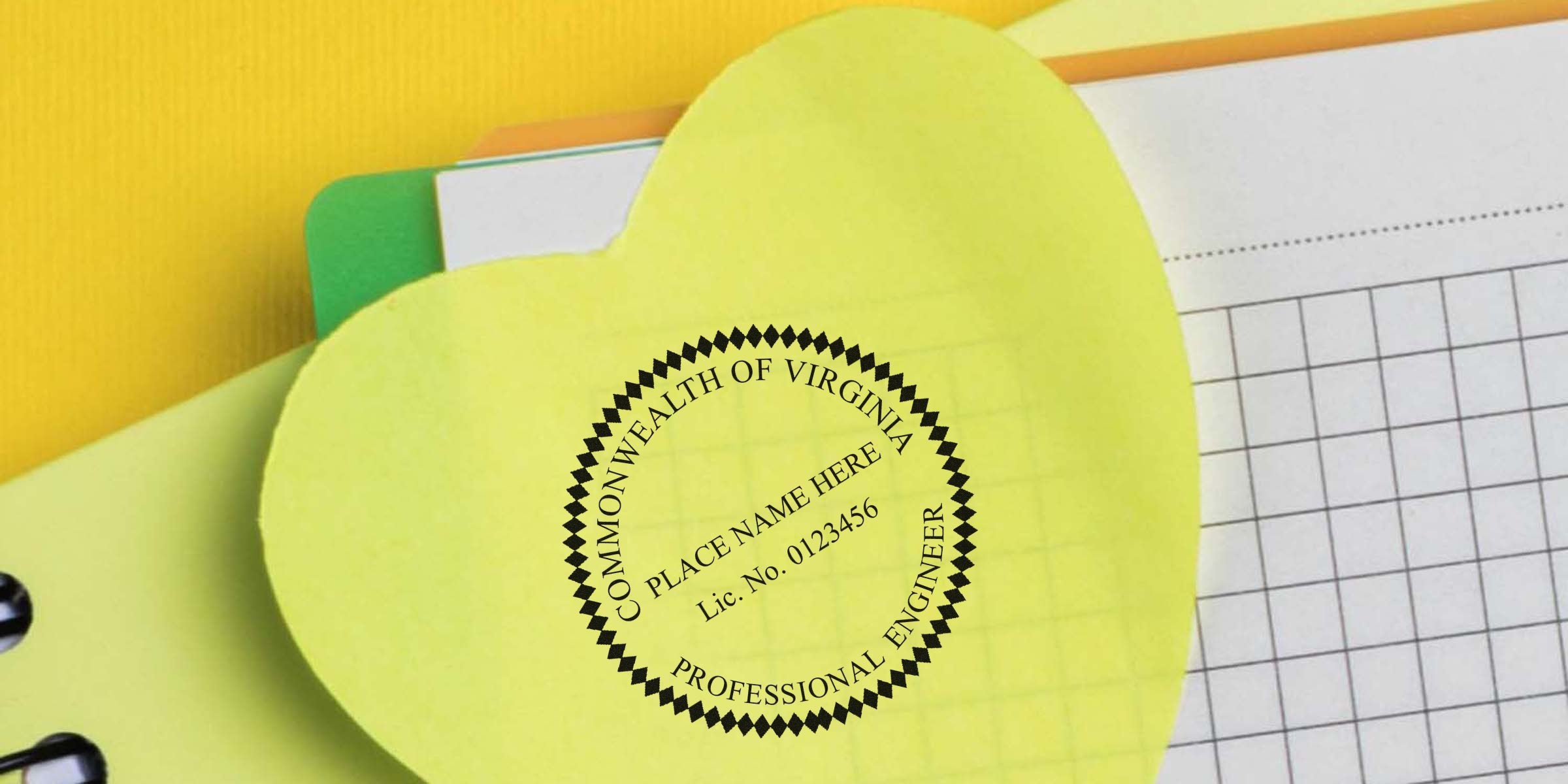 Yellow heart-shaped sticky note with Virginia PE Stamp and engineer seal on grid paper notebook beside green folder, highlighting Engineer PE Stamp options.