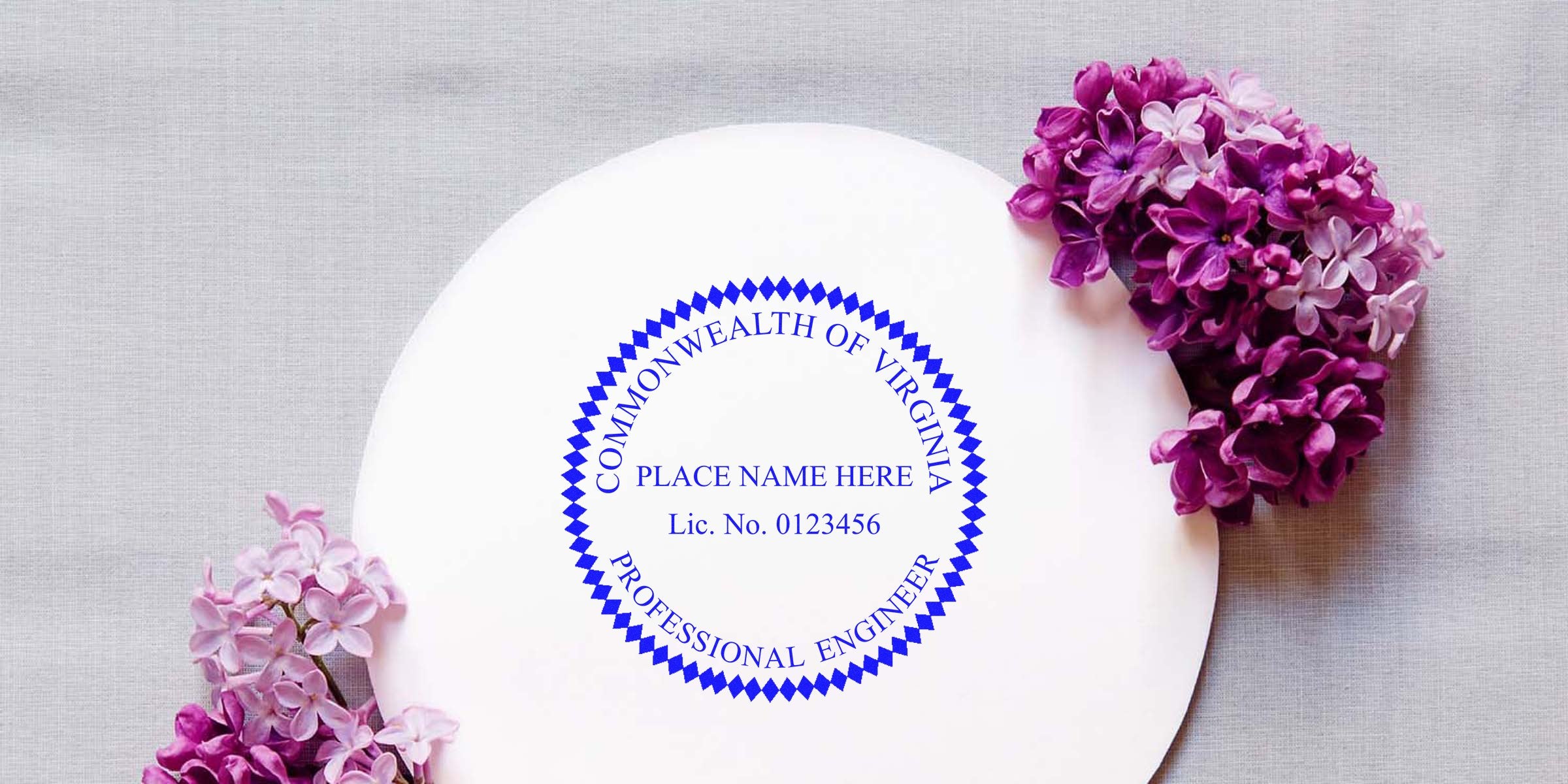 Virginia professional engineer stamp embossed on white plate with purple lilac flowers, showing engineer stamp and embosser guide.