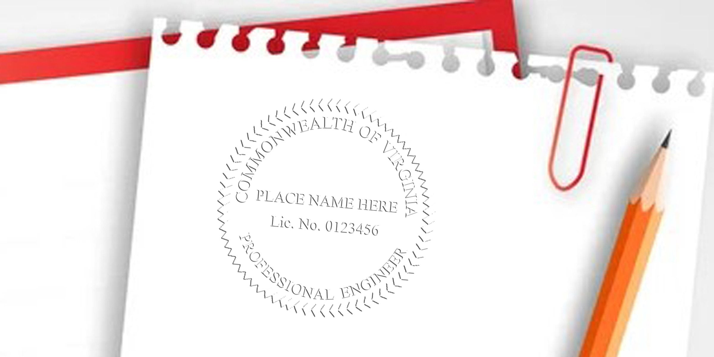 Commonwealth of Virginia Engineer Seal on white paper with pencil and red paperclip, used for Professional Engineer license verification and requirements.
