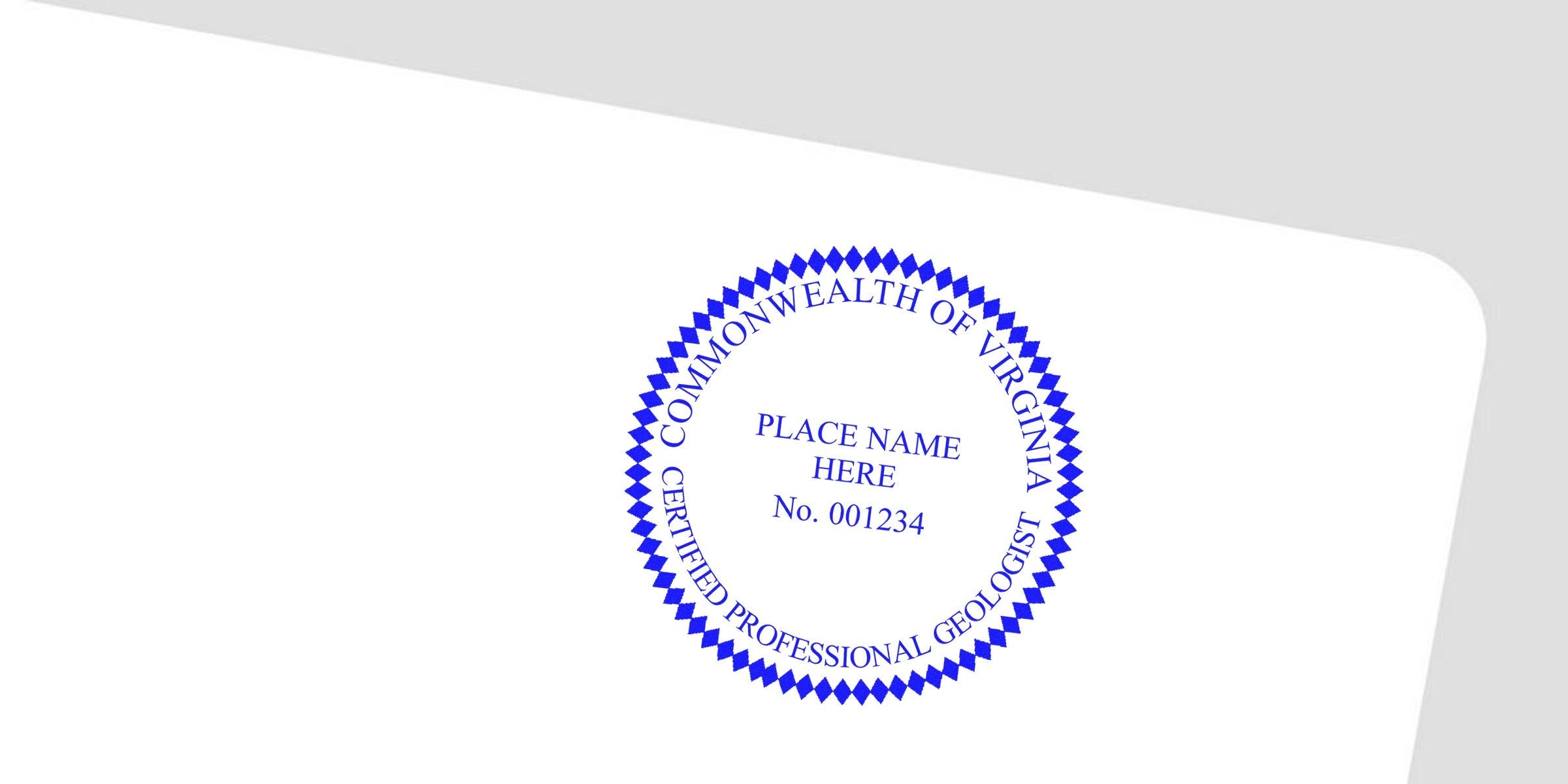 Custom Virginia Geologist Seal with certified professional geologist name, license number, and place on white background, also called Virginia Geologist Stamp.