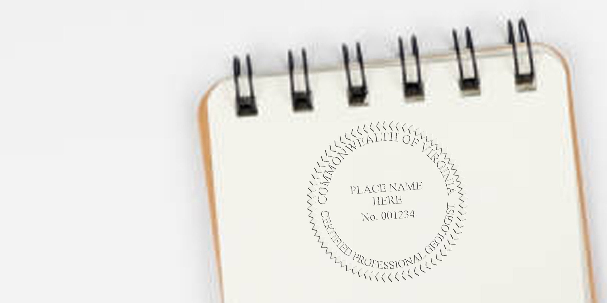 Notepad showing the Virginia Geologist Stamp with the certified professional geologist seal, following official Geologist Stamp Guidelines for documentation.