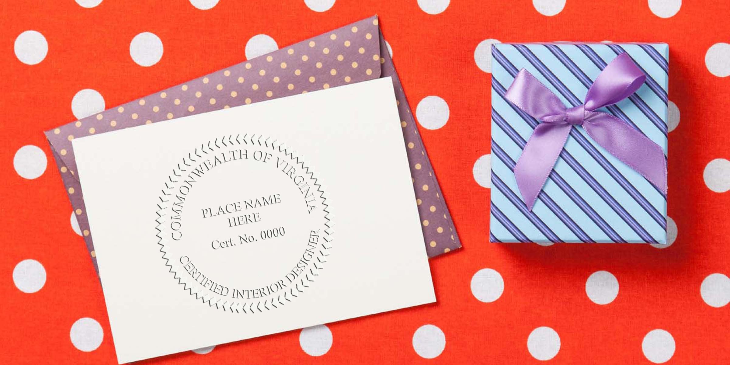 Interior designer certificate on white card with purple polka dot envelope and blue gift box with purple ribbon on red polka dot background, highlighting Virginia interior design rules and seal requirements.