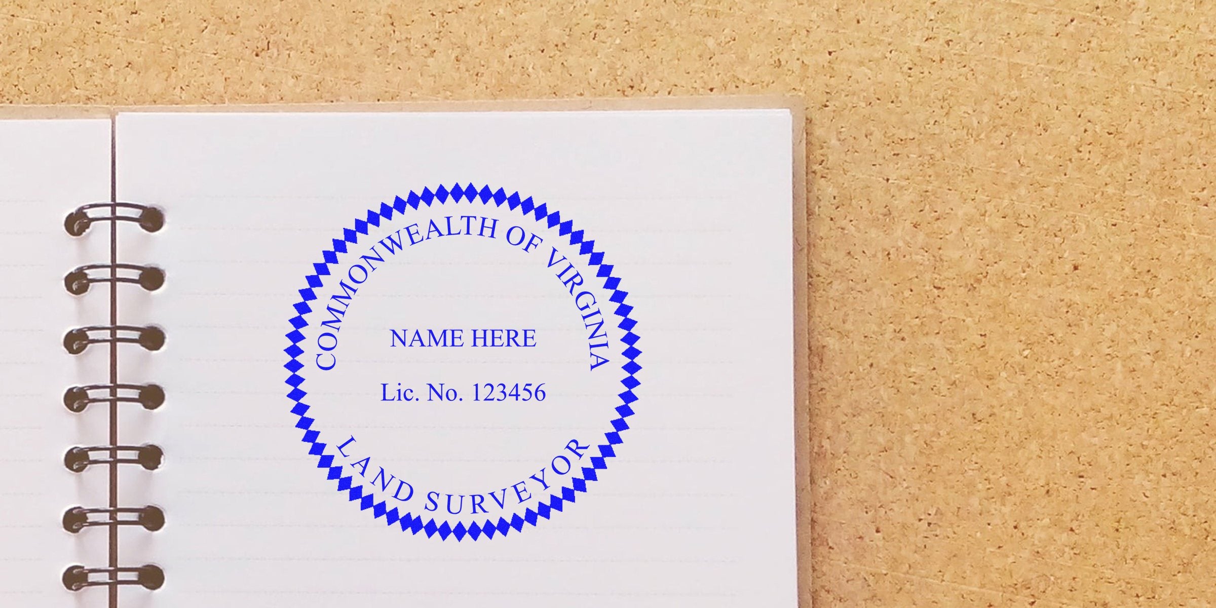 Virginia land surveyor seal stamp on notebook page displaying license number and seal size details.