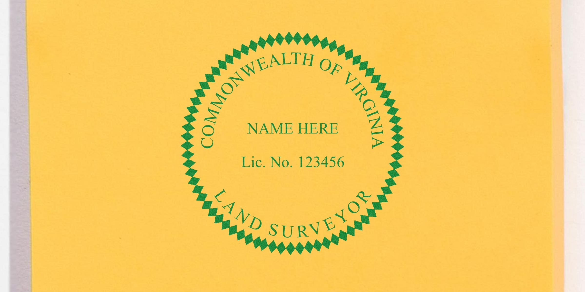 Virginia Land Surveyor license seal on yellow paper, complying with Surveyor Seal Guidelines.