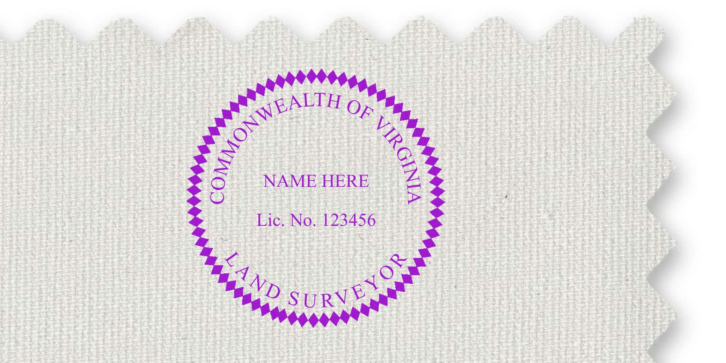 Virginia land surveyor stamp on textured paper with official seal, license number, name placeholder, meeting Virginia land surveyor standards.