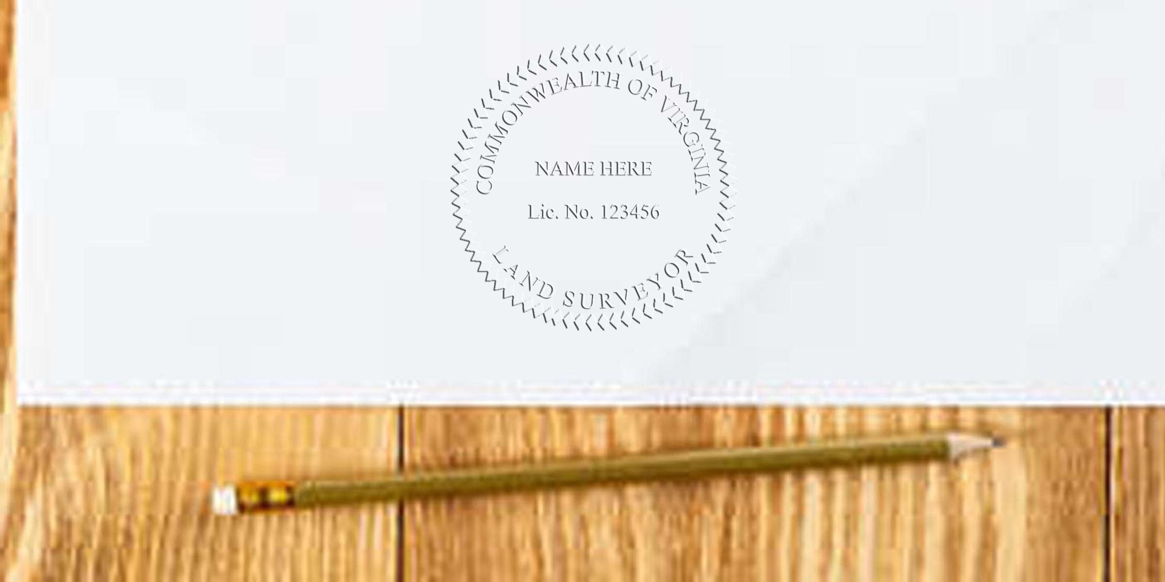 Virginia land surveyor stamp on a document with a pencil, placed on a wooden surface, showing an official land surveyor stamp template.