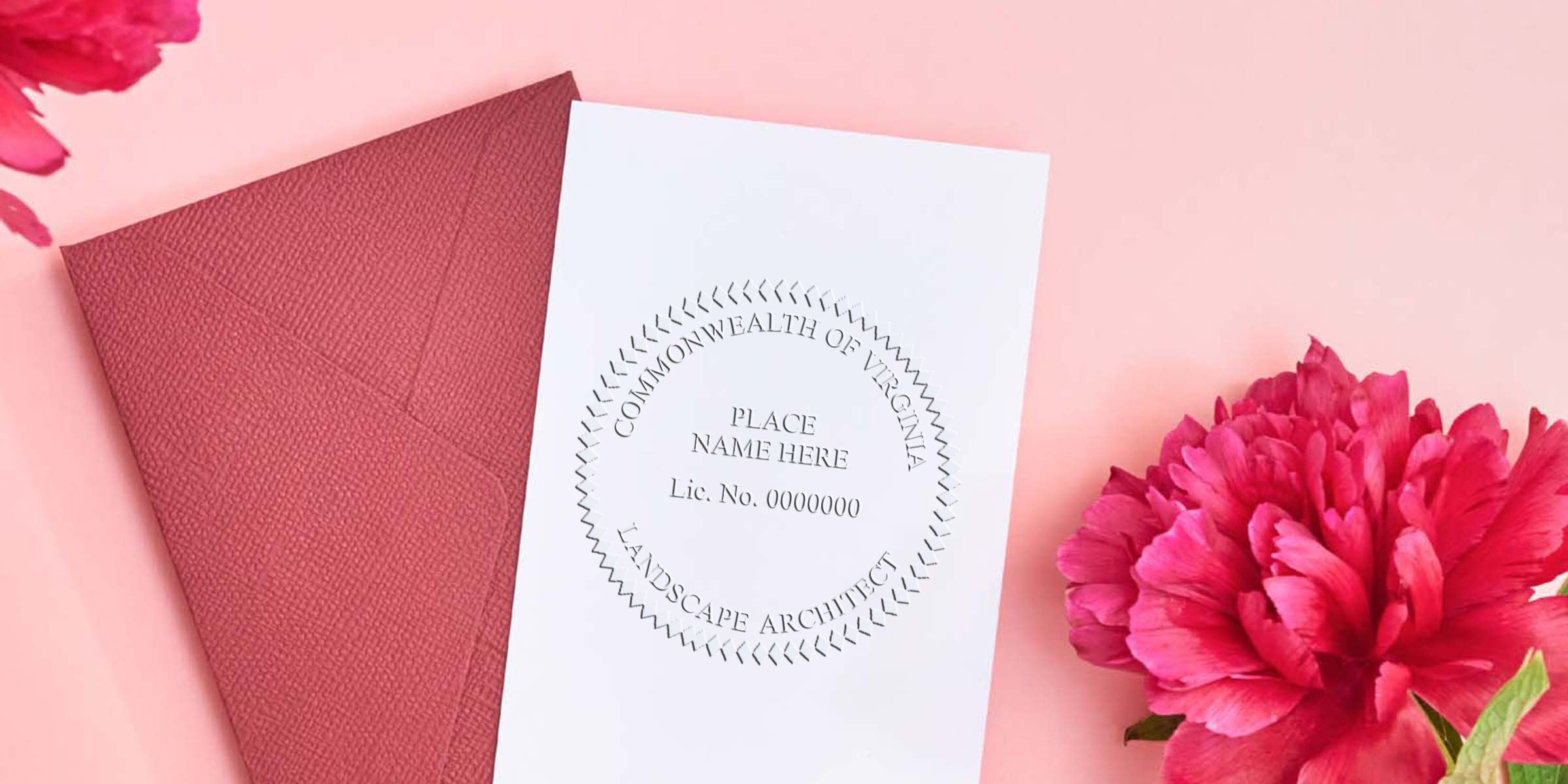 Virginia landscape architect license with official stamp, red envelope, and pink flower on pastel background, showcasing online landscape architect services.