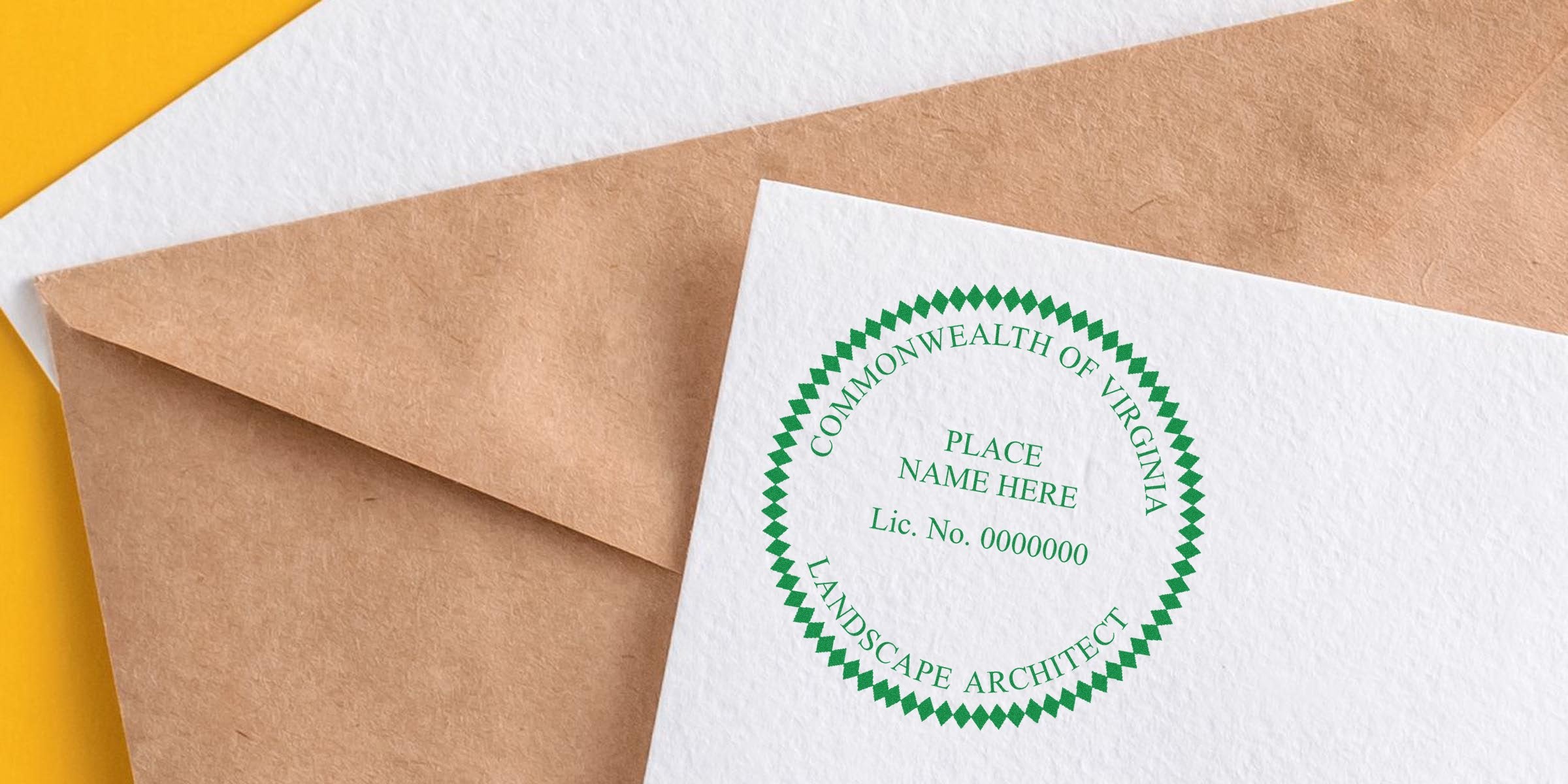 Virginia licensed landscape architect seal stamped on white paper with a brown envelope background.