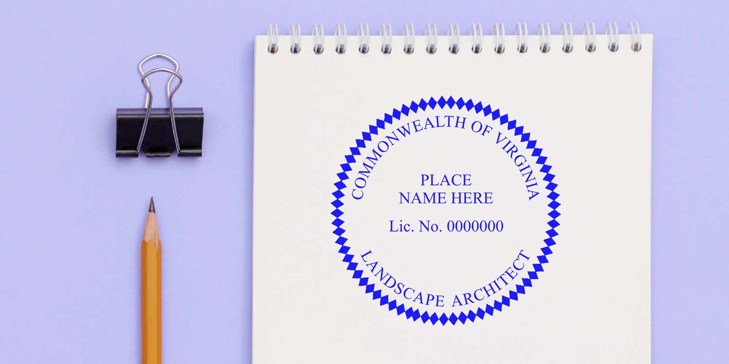 Virginia landscape architect stamp on white notepad with pencil and binder clip on purple background, showing stamp size and meeting Virginia landscape architect requirements.