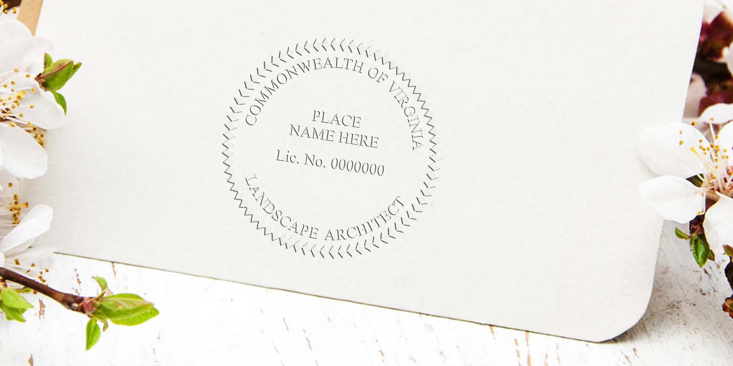 Virginia landscape architect license seal on white paper with spring flowers and wooden background, showing Virginia landscape architect stamp.